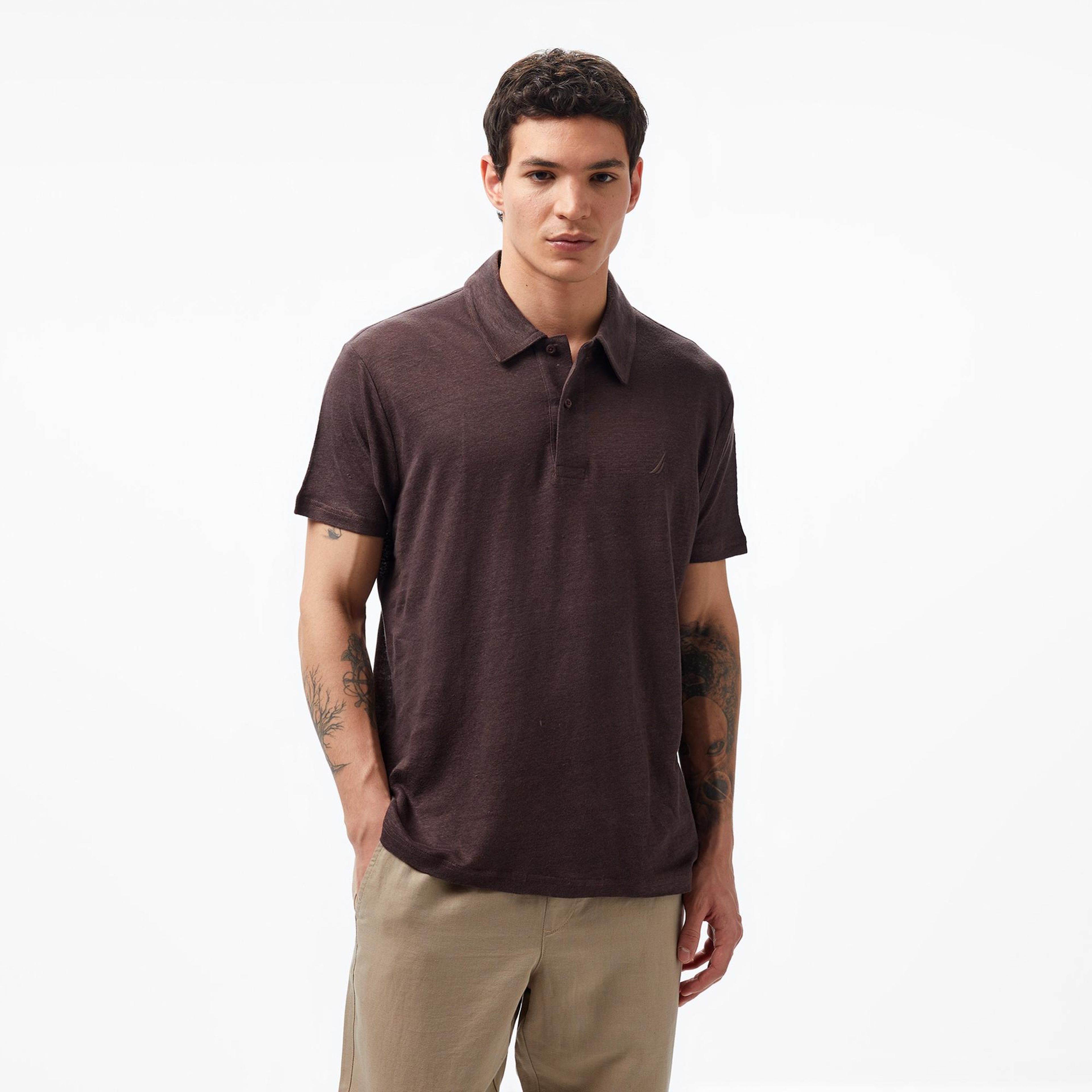Nautica Erkek Kahverengi Classic Fit Kısa Kollu Keten Polo Yaka T-Shirt