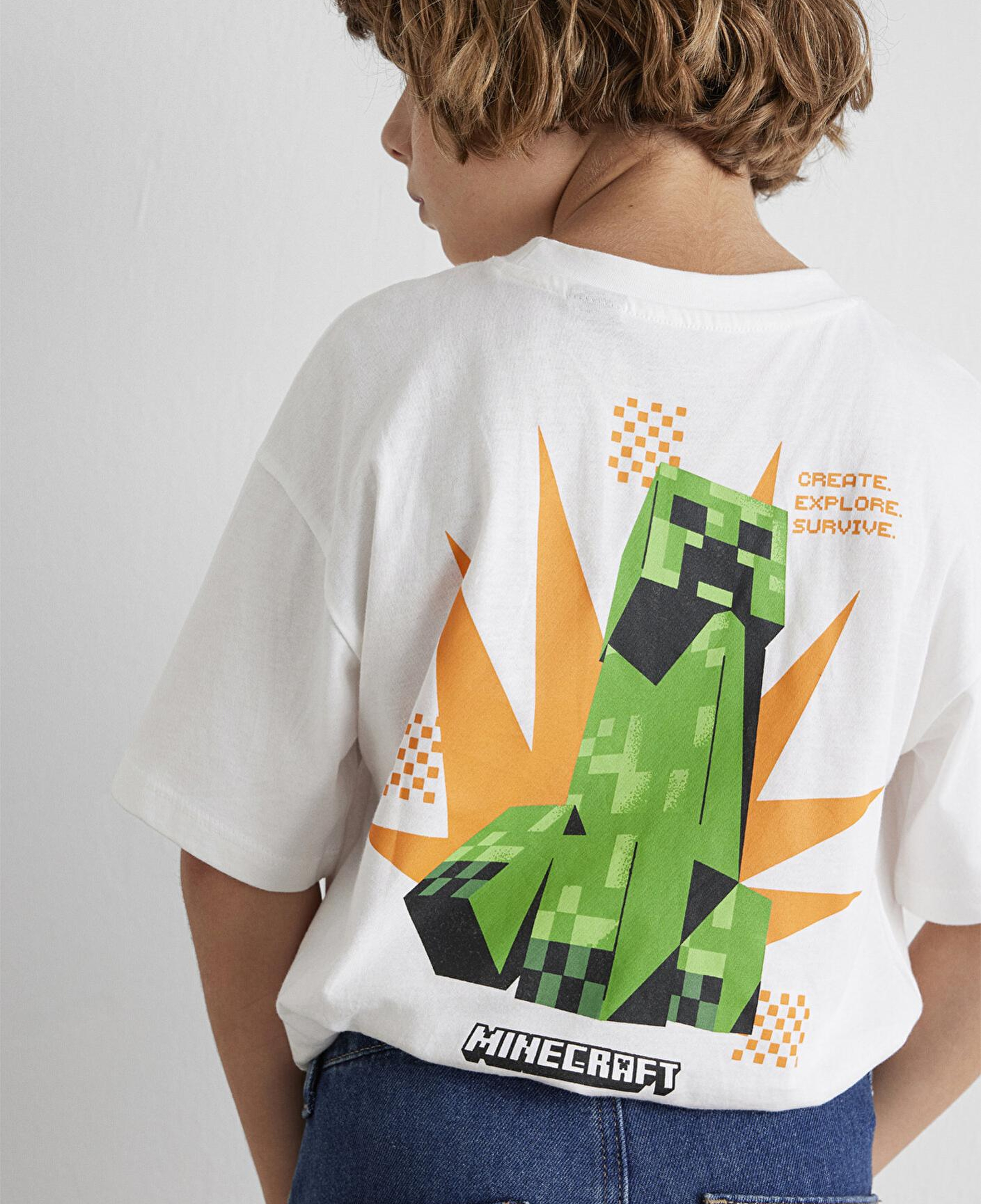 Mavi Minecraft Baskılı Ekru Tişört Oversize / Geniş Kesim 6610340-70057