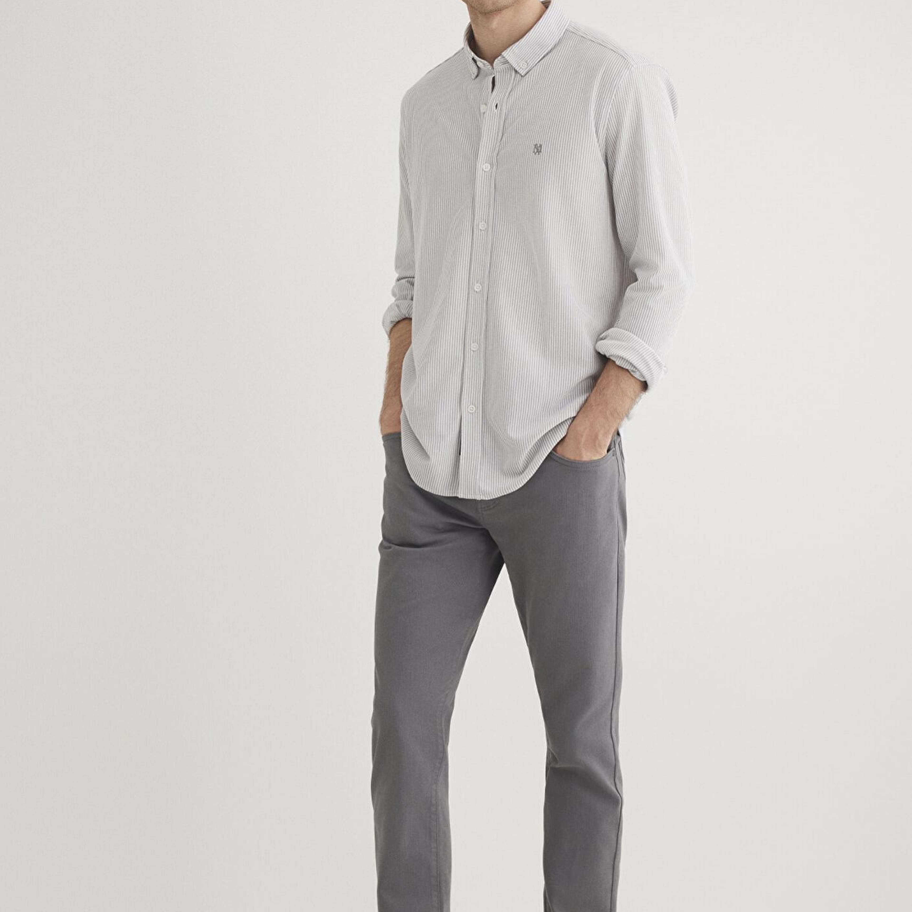 Mavi Çizgili Gri Gömlek Slim Fit / Dar Kesim 0211402-82577
