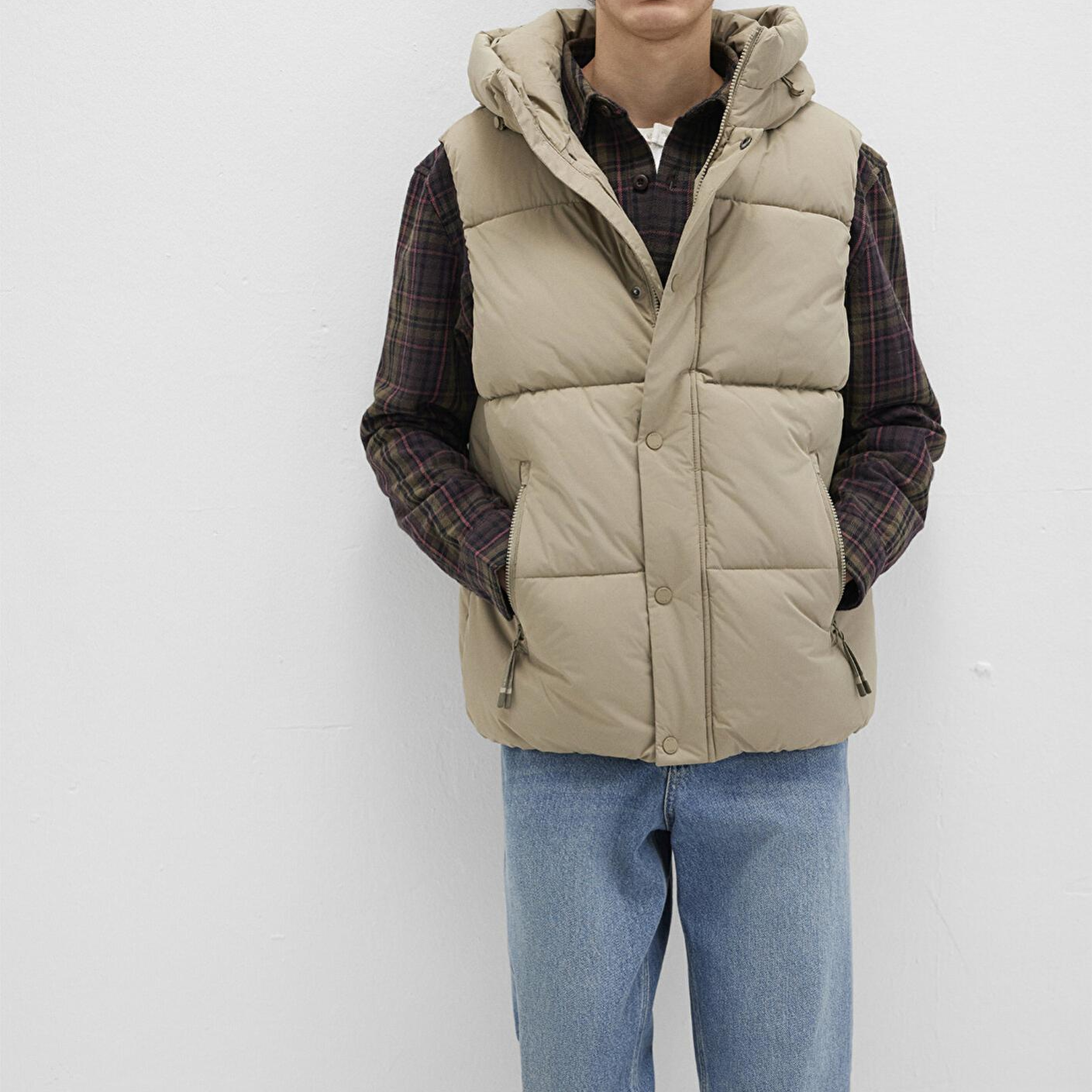 Mavi Kapüşonlu Bej Şişme Yelek Regular Fit / Normal Kesim 0110306-86749