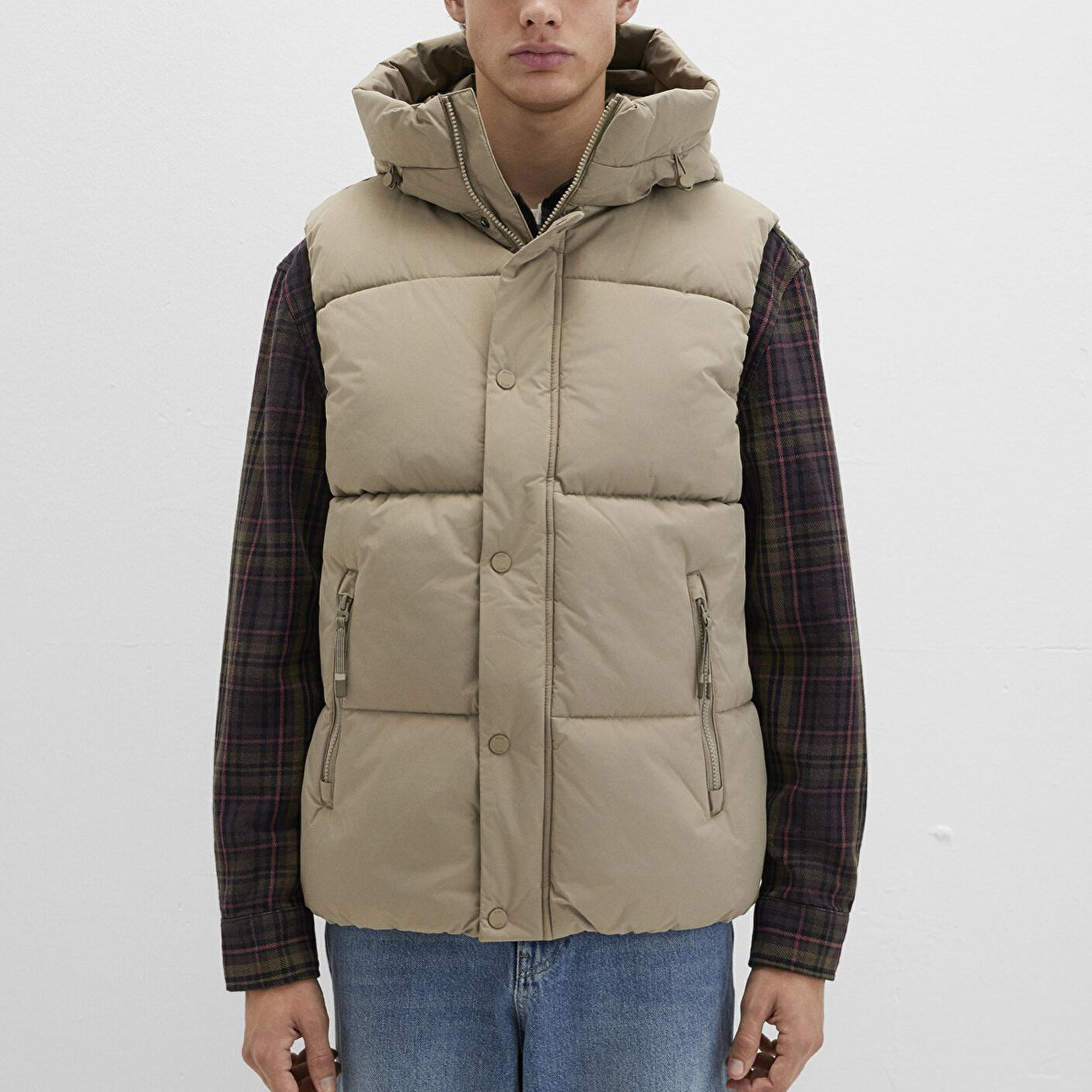 Mavi Kapüşonlu Bej Şişme Yelek Regular Fit / Normal Kesim 0110306-86749