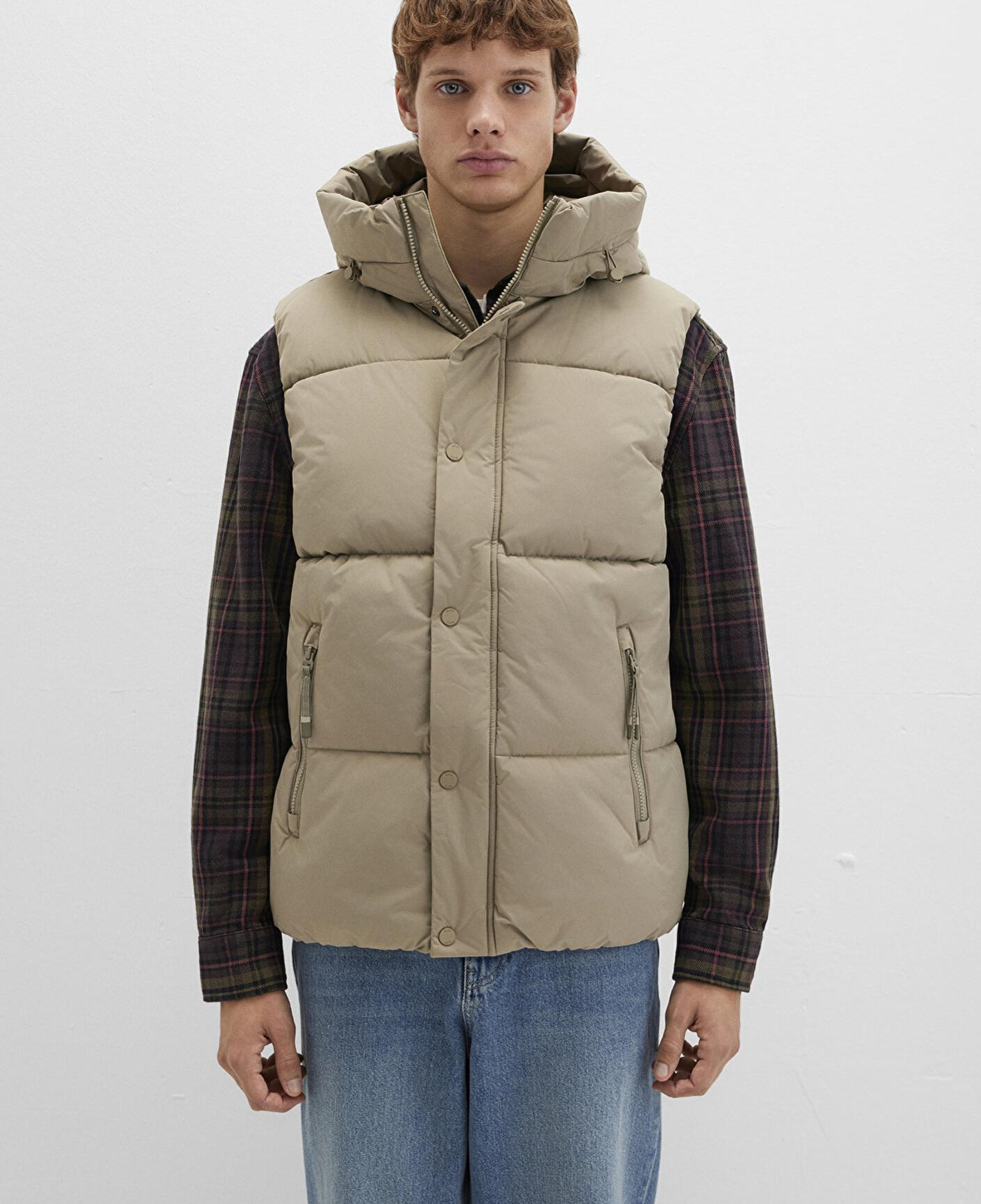 Mavi Kapüşonlu Bej Şişme Yelek Regular Fit / Normal Kesim 0110306-86749