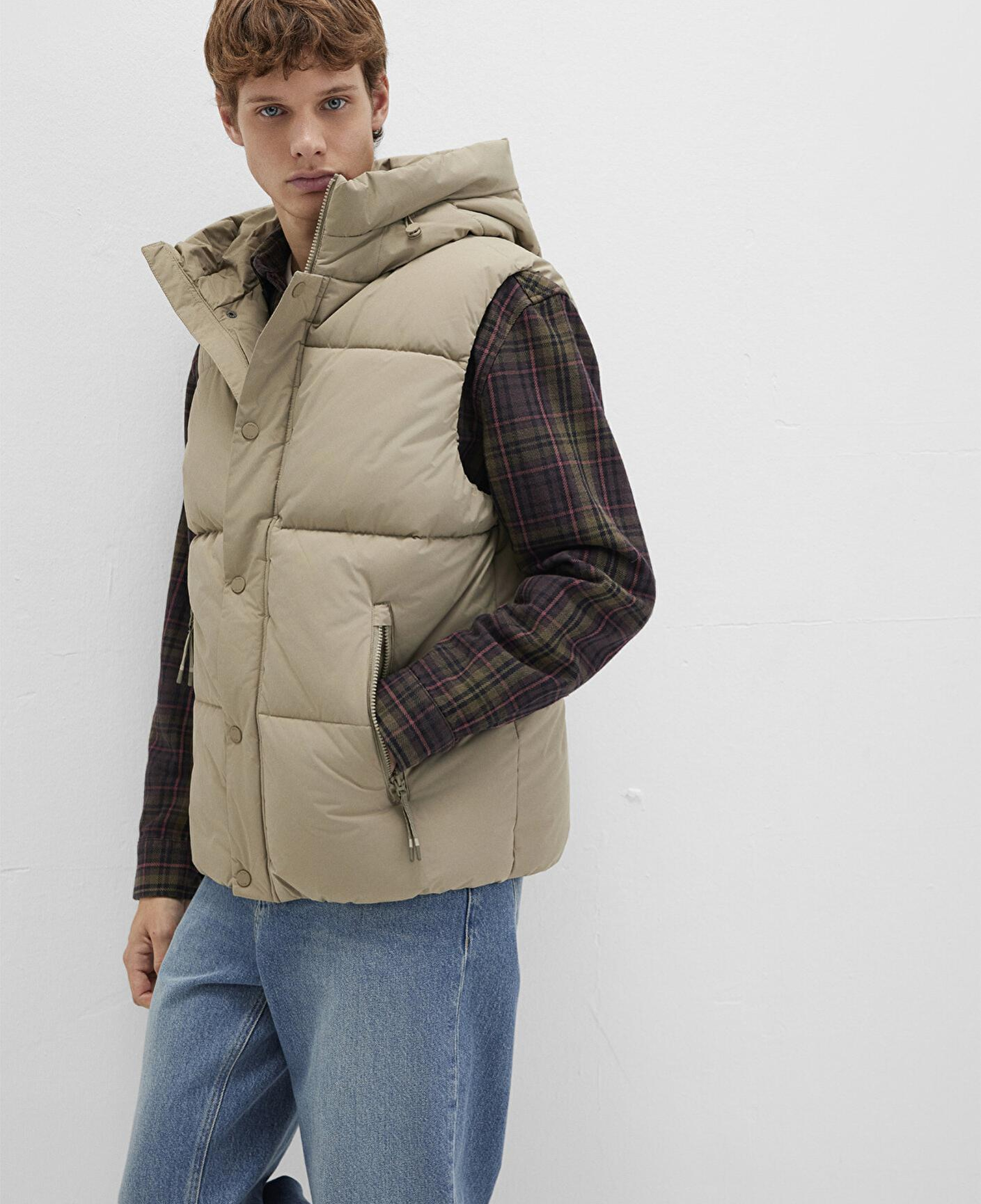 Mavi Kapüşonlu Bej Şişme Yelek Regular Fit / Normal Kesim 0110306-86749