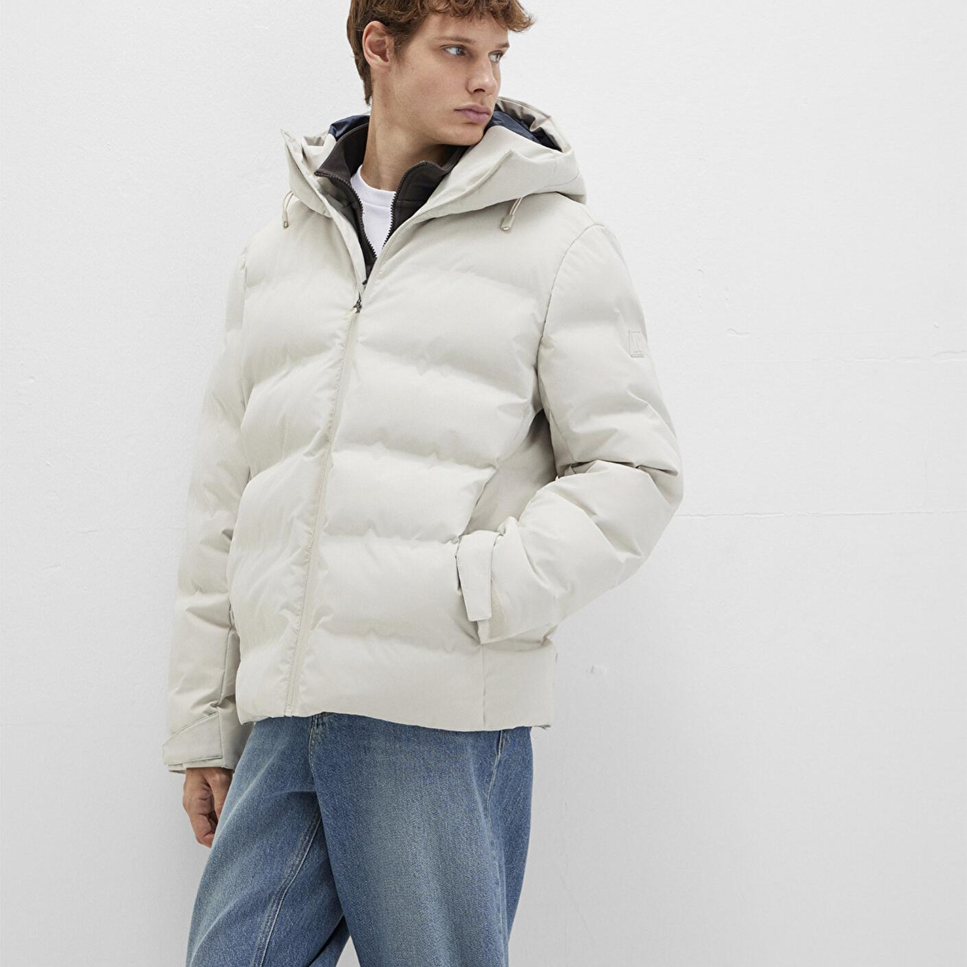 Mavi Su İtici Kapüşonlu Ekru Şişme Mont 0110313-70144