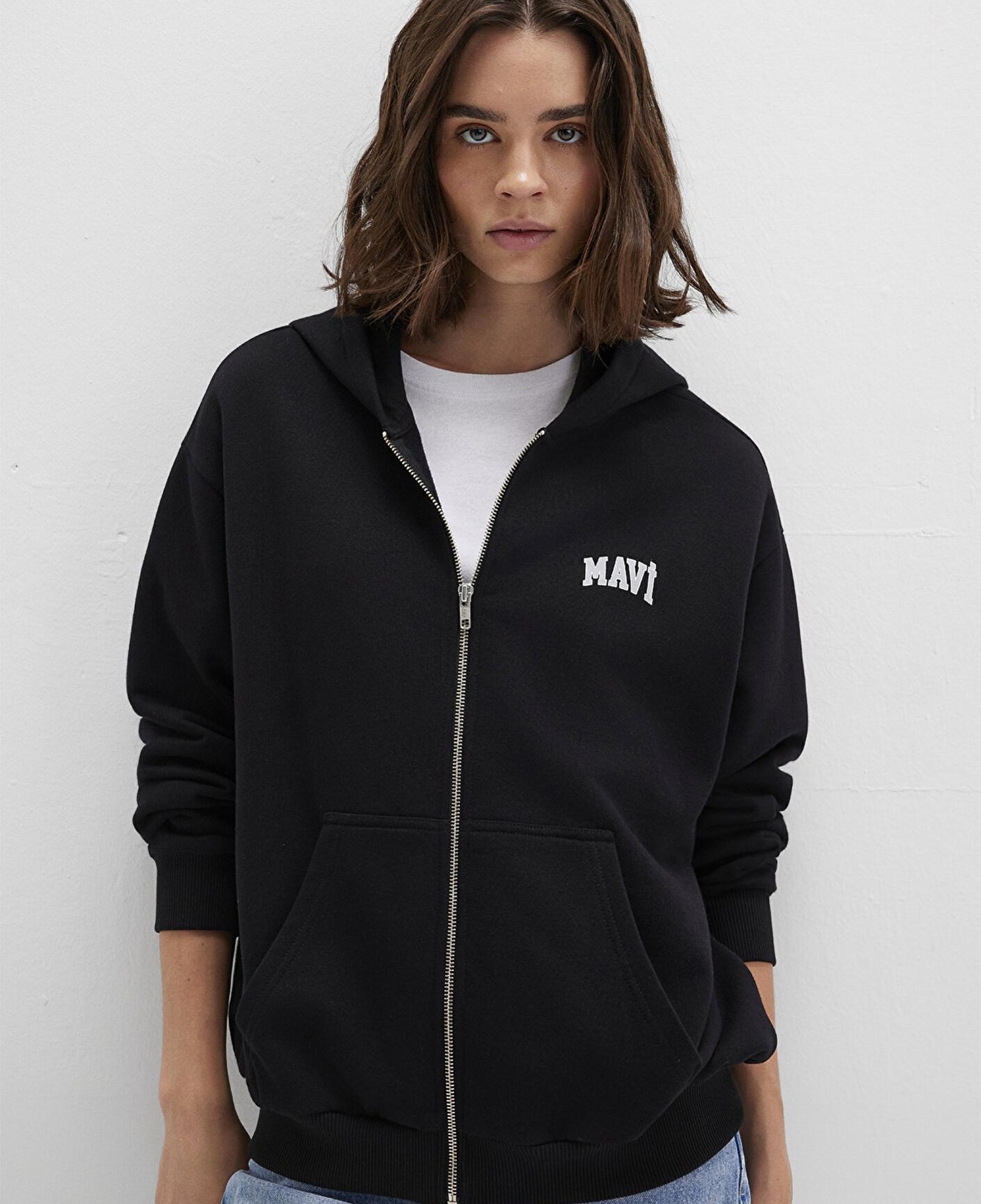 Mavi Mavi Logo Baskılı Kapüşonlu Fermuarlı Siyah Sweatshirt 1S10178-900