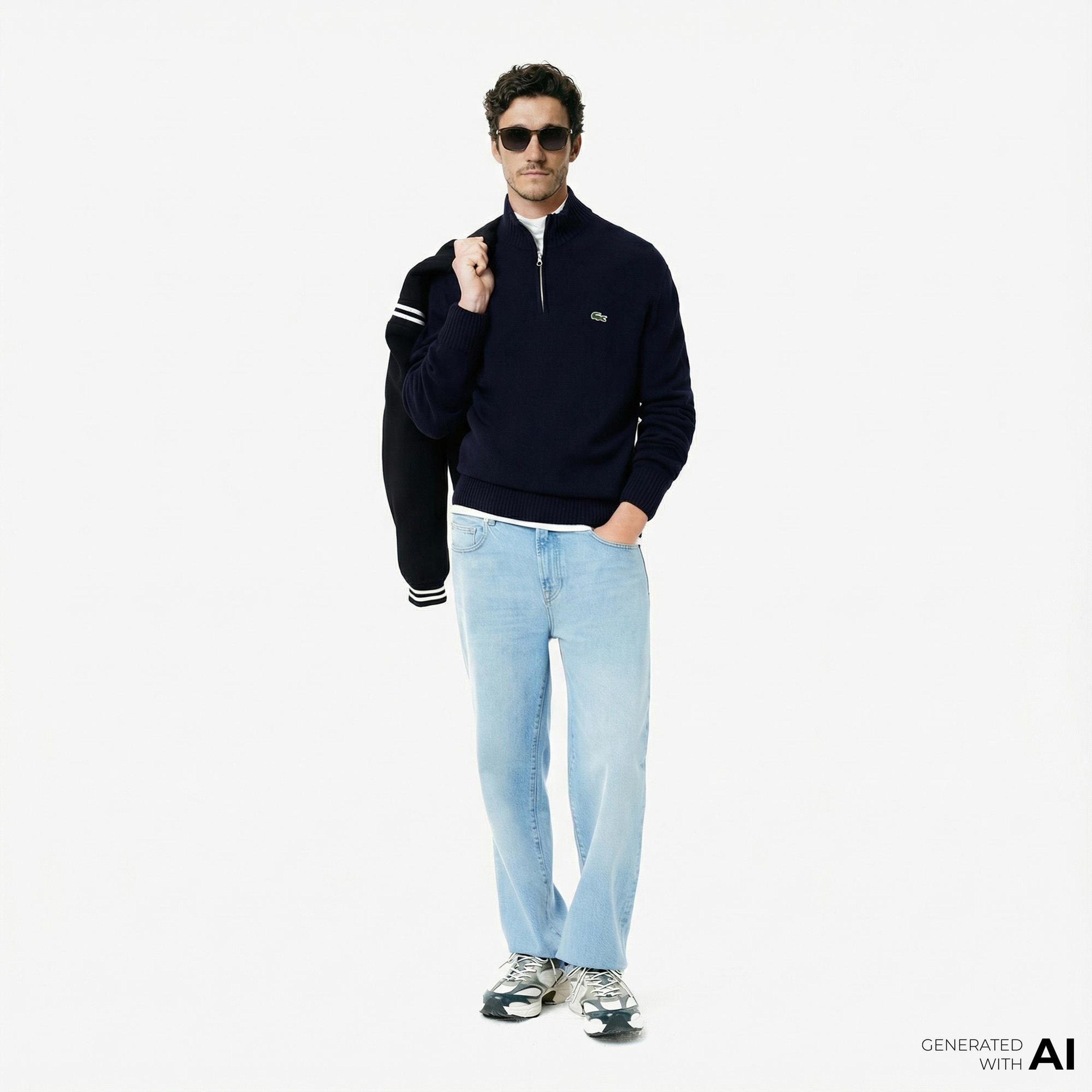 Lacoste Erkek Classic Fit Yarım Fermuarlı Yün Lacivert Kazak