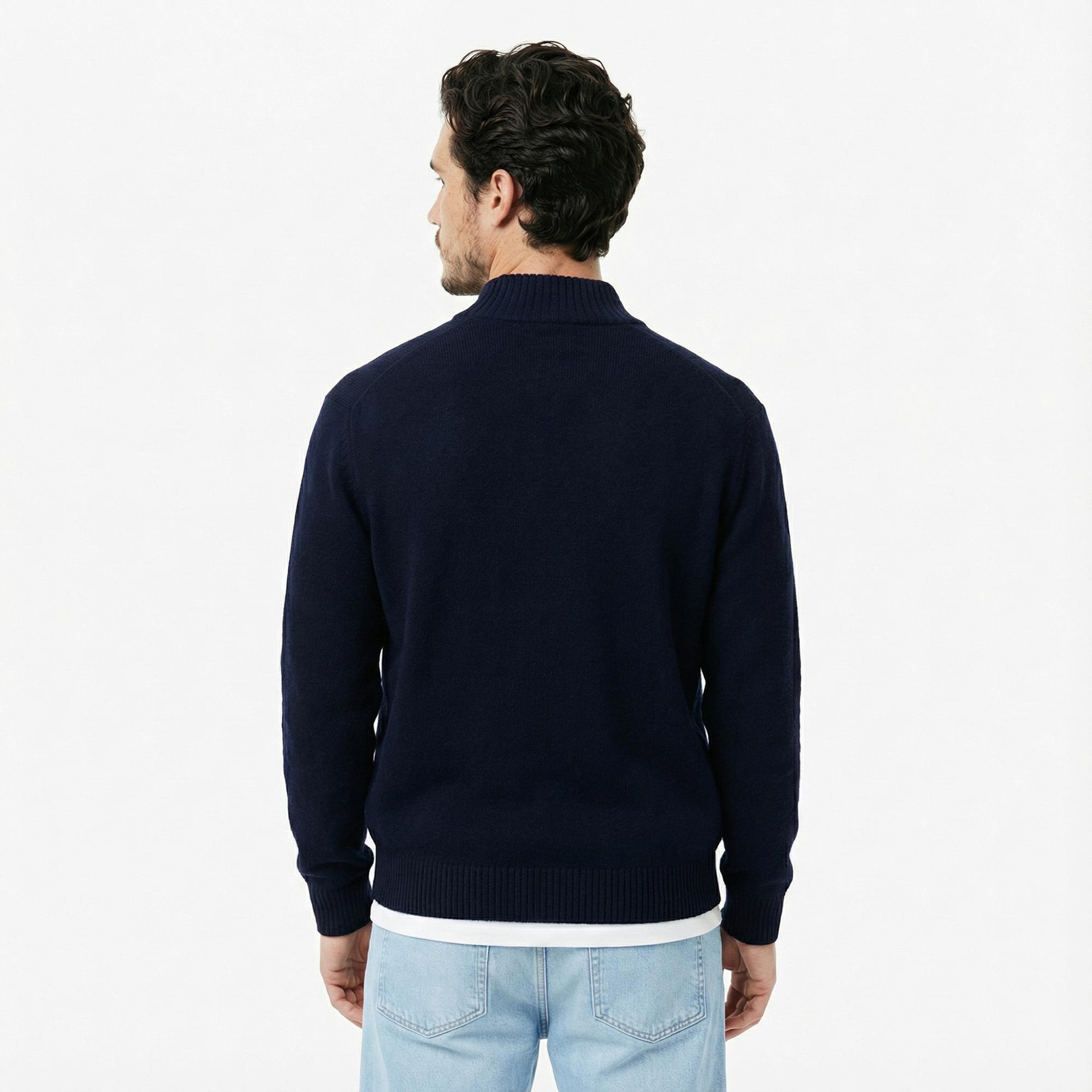 Lacoste Erkek Classic Fit Yarım Fermuarlı Yün Lacivert Kazak