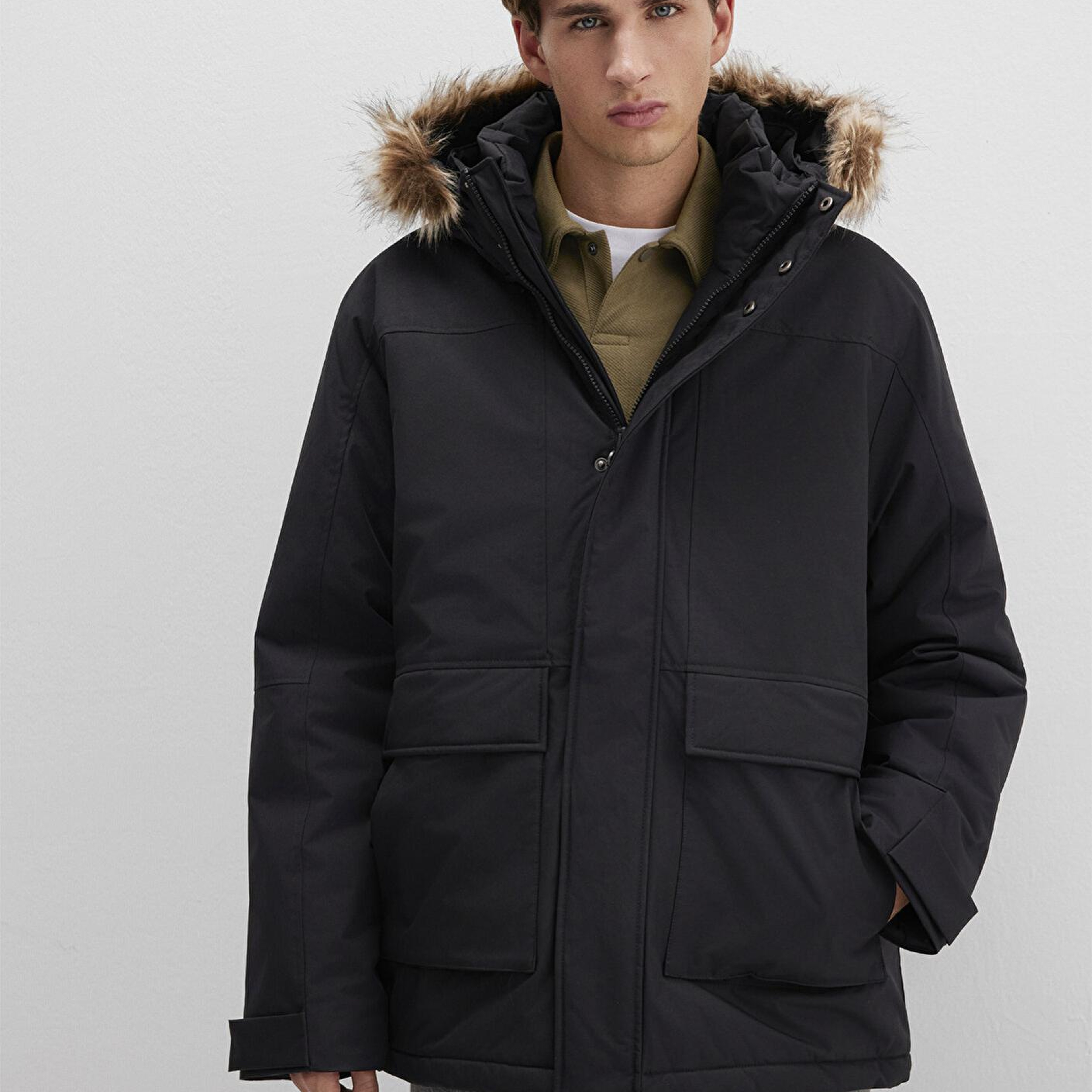 Mavi Kapüşonlu Siyah Parka Loose Fit / Bol Rahat Kesim 0110472-900