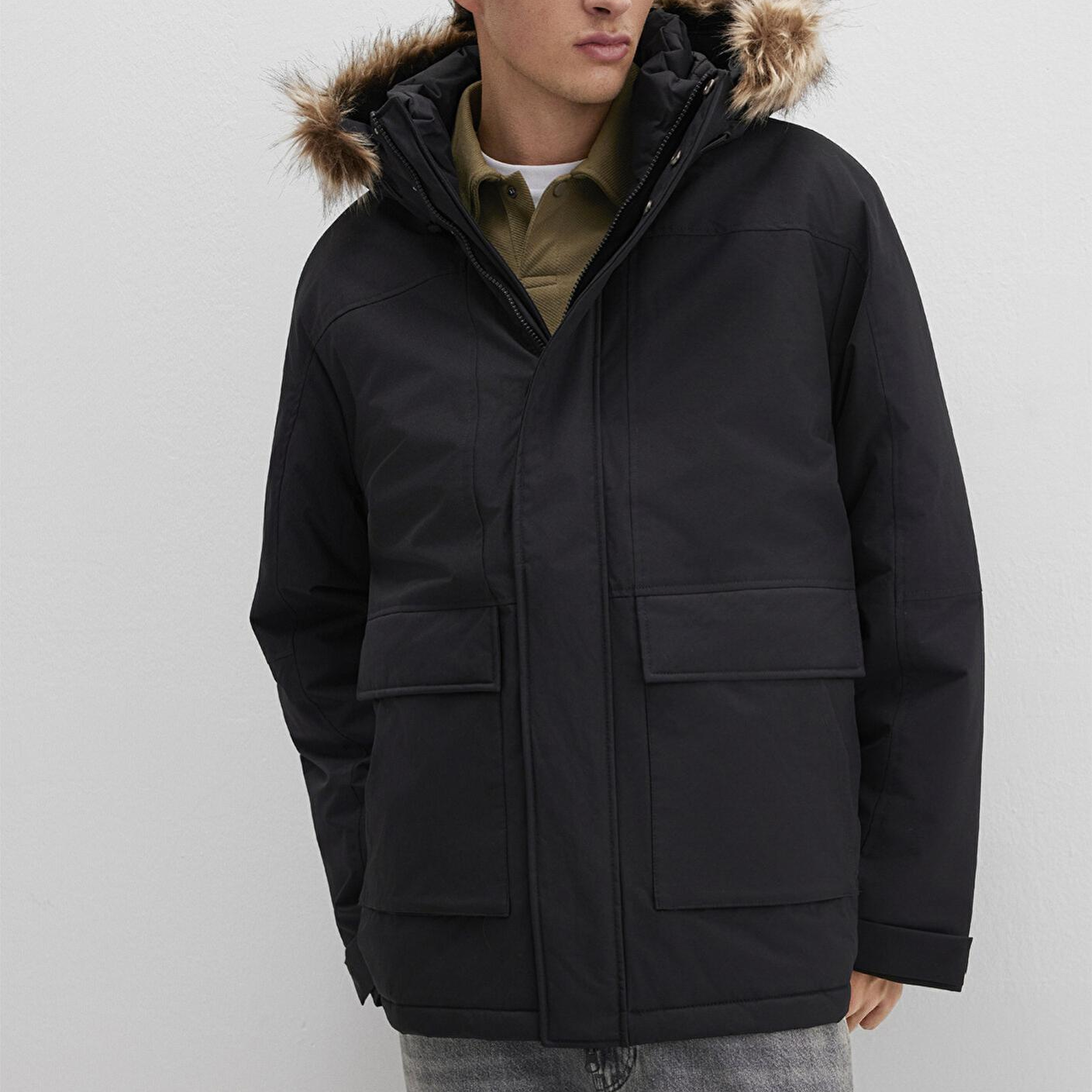 Mavi Kapüşonlu Siyah Parka Loose Fit / Bol Rahat Kesim 0110472-900