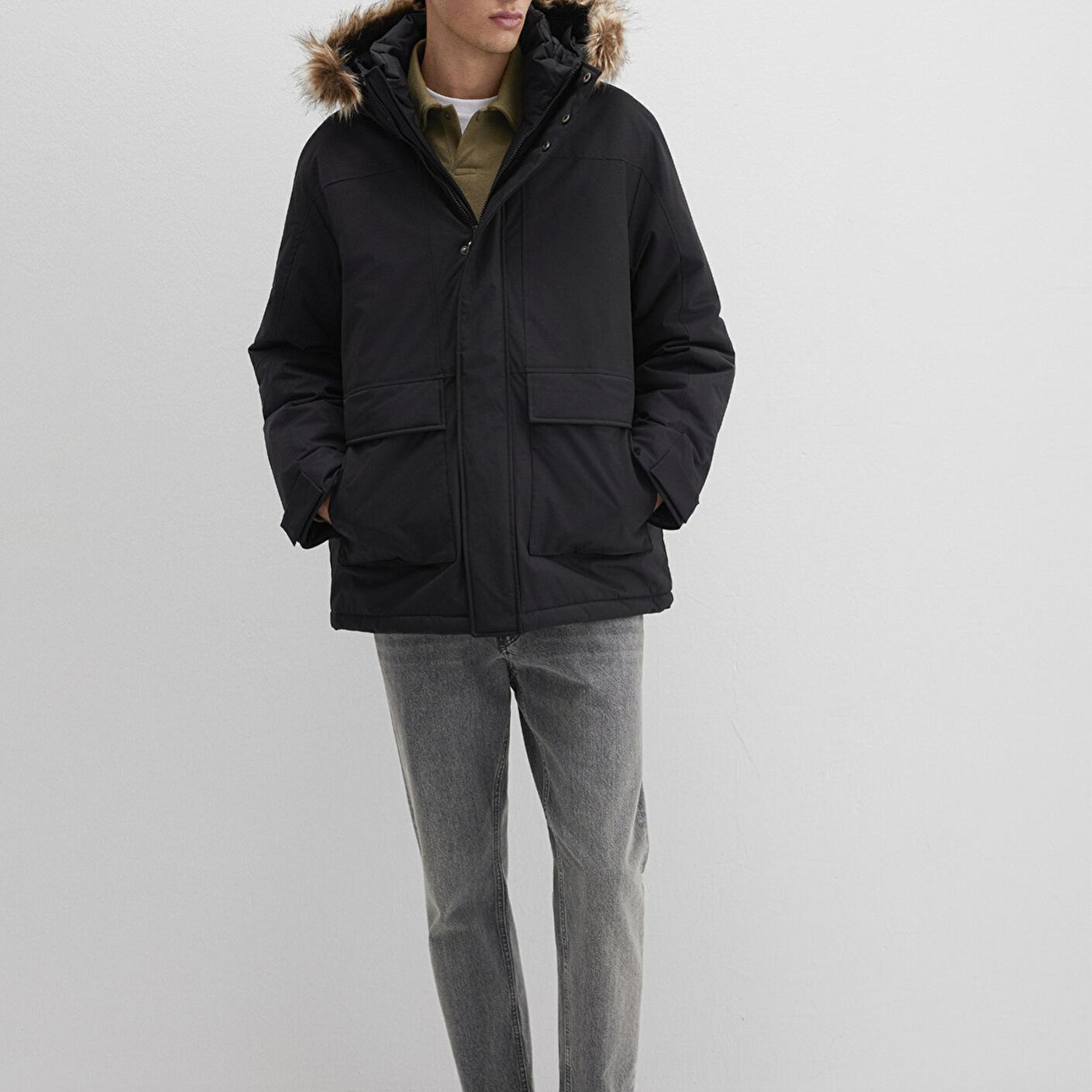 Mavi Kapüşonlu Siyah Parka Loose Fit / Bol Rahat Kesim 0110472-900