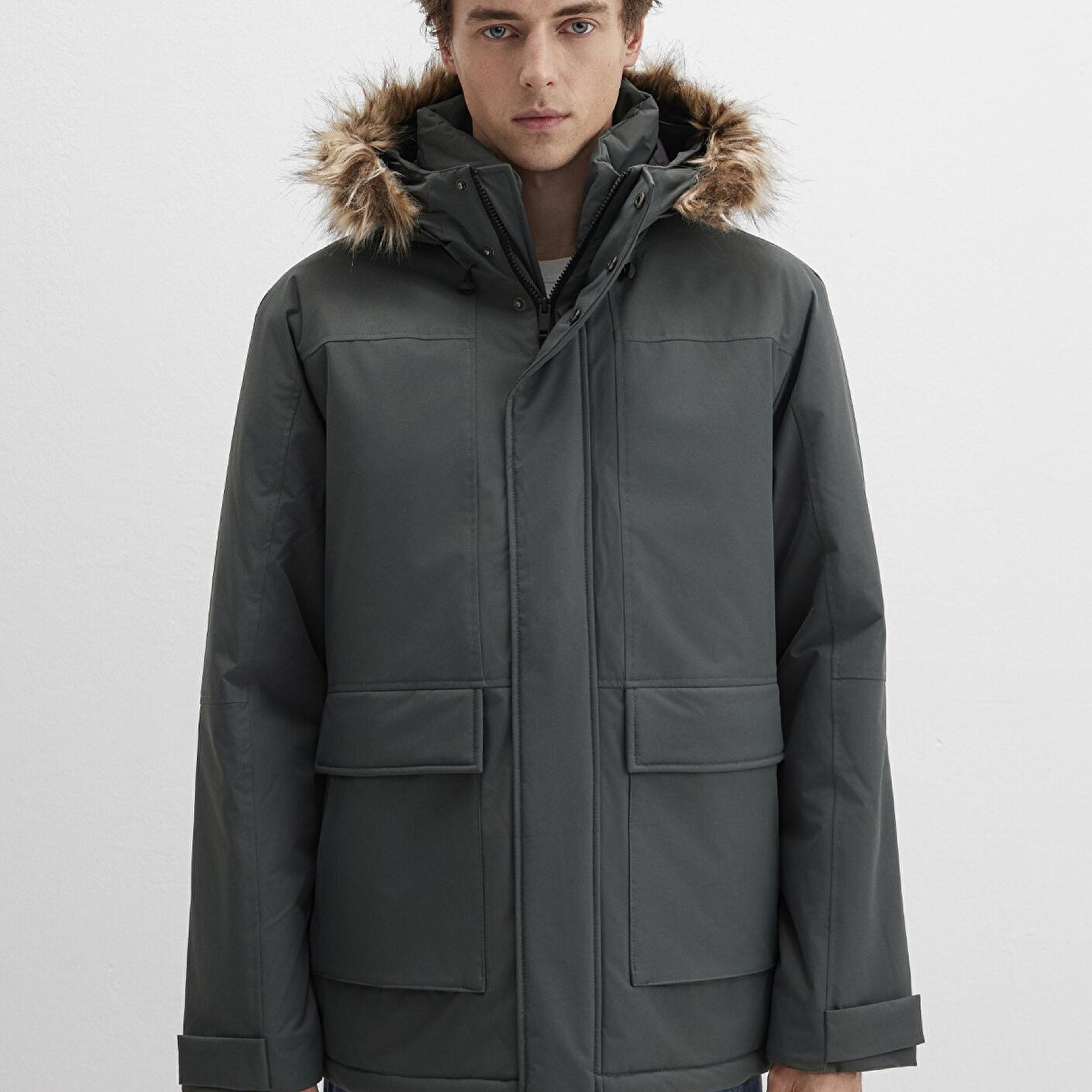 Mavi Kapüşonlu Yeşil Parka Loose Fit / Bol Rahat Kesim 0110472-71598