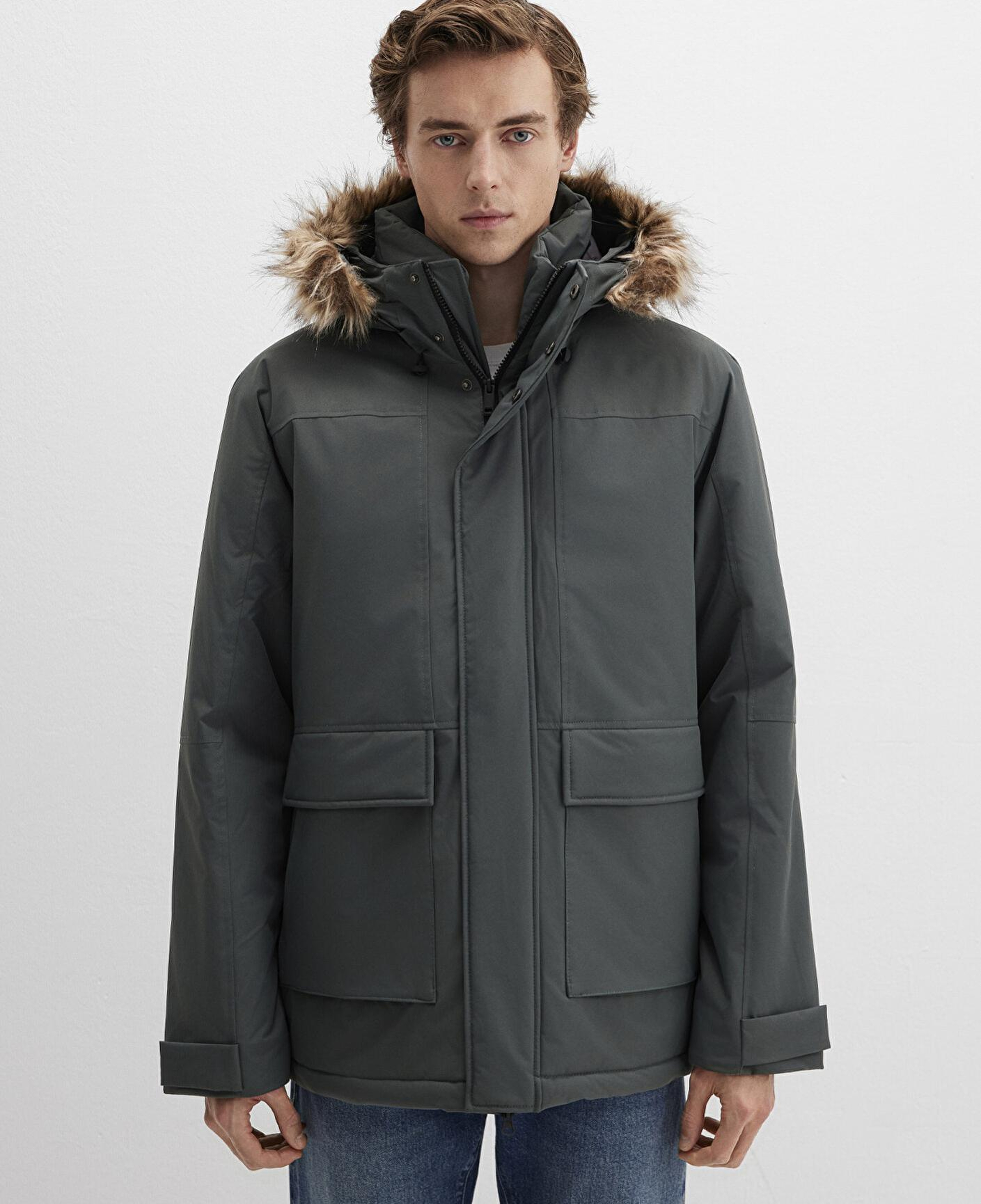 Mavi Kapüşonlu Yeşil Parka Loose Fit / Bol Rahat Kesim 0110472-71598