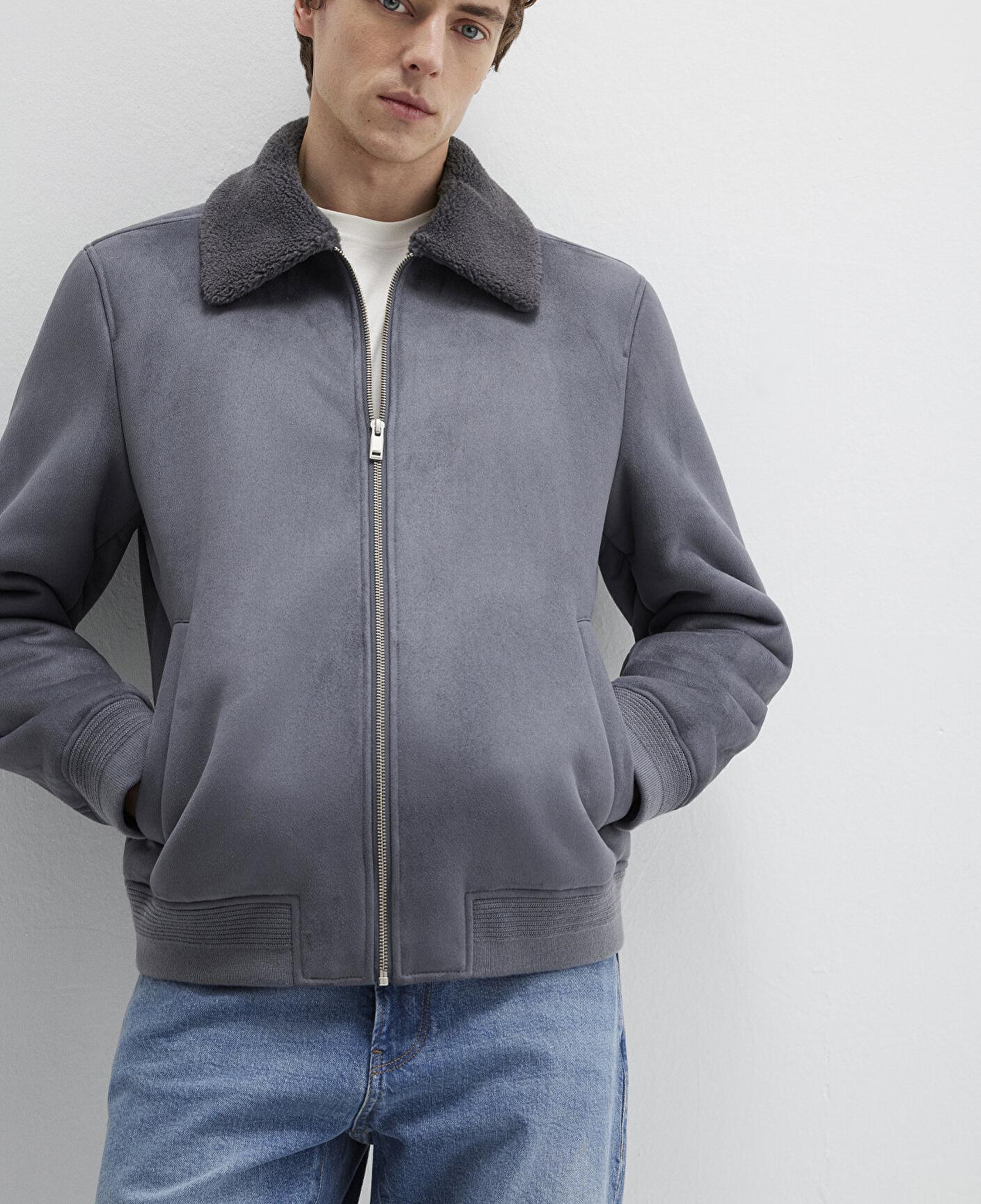 Mavi Suni Kürk Detaylı Gri Suni Süet Ceket Regular Fit / Normal Kesim 0110450-80776