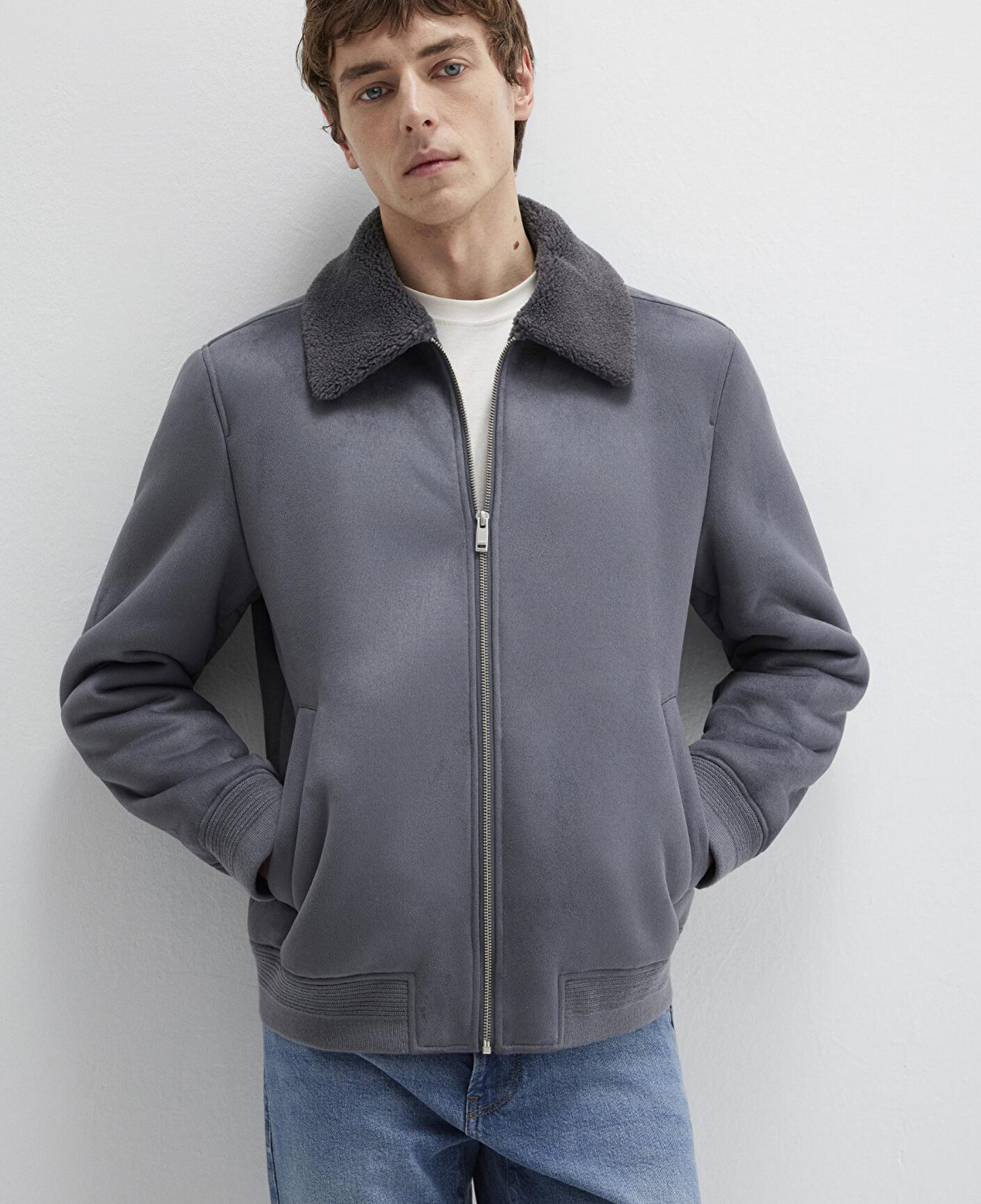 Mavi Suni Kürk Detaylı Gri Suni Süet Ceket Regular Fit / Normal Kesim 0110450-80776