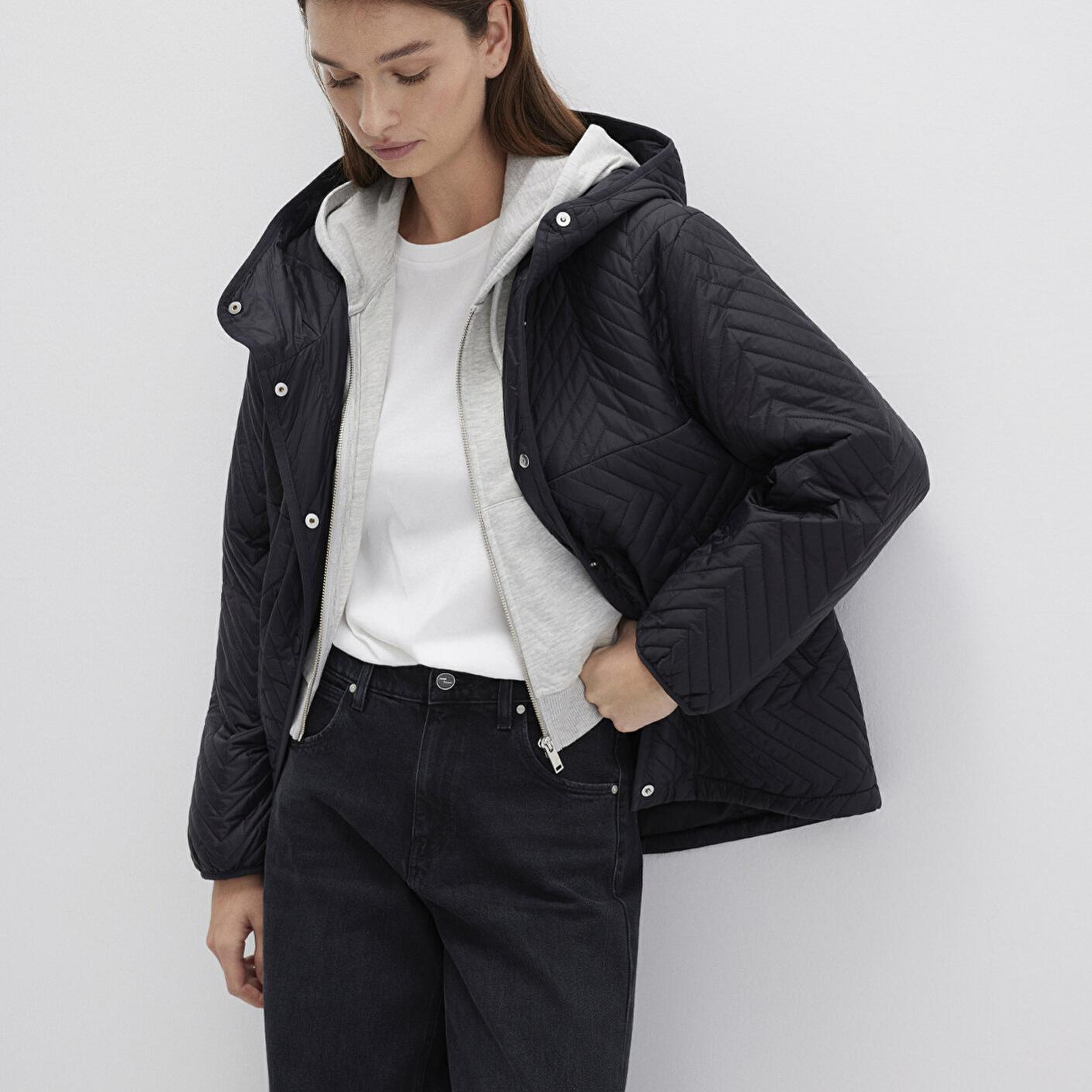 Mavi Kapüşonlu Kapitone Siyah Ceket Loose Fit / Bol Rahat Kesim 1110460-900