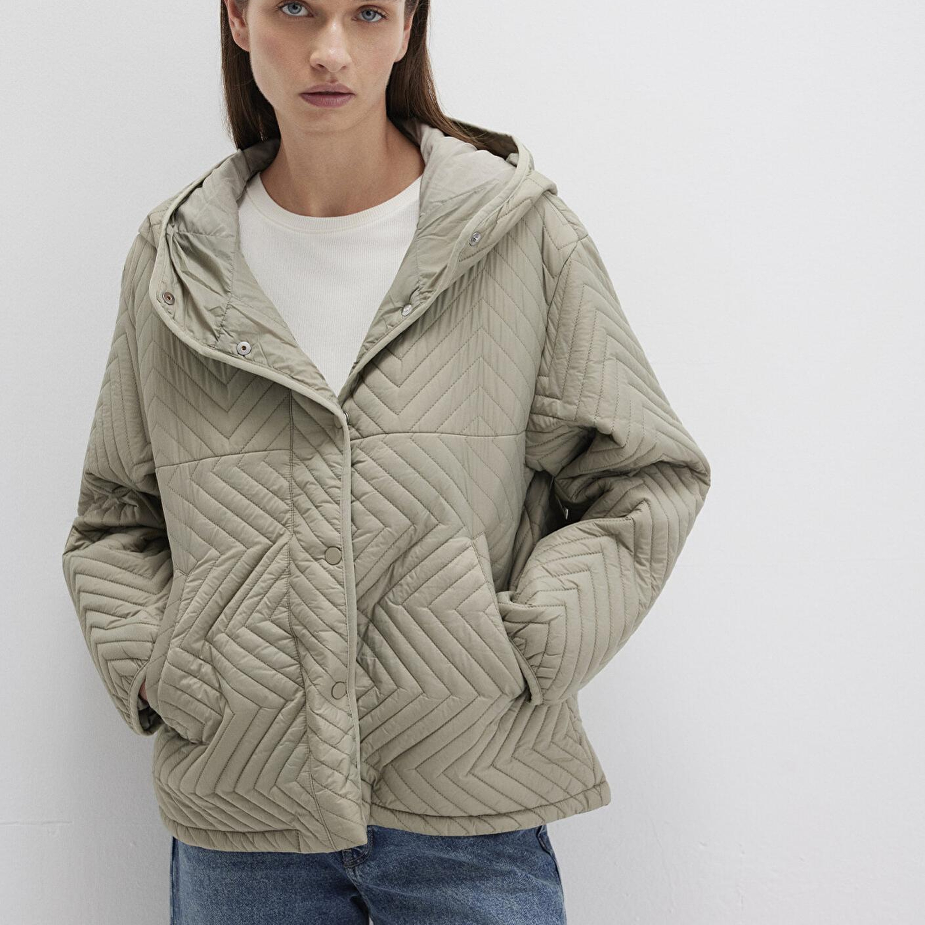 Mavi Kapüşonlu Kapitone Yeşil Ceket Loose Fit / Bol Rahat Kesim 1110460-70354