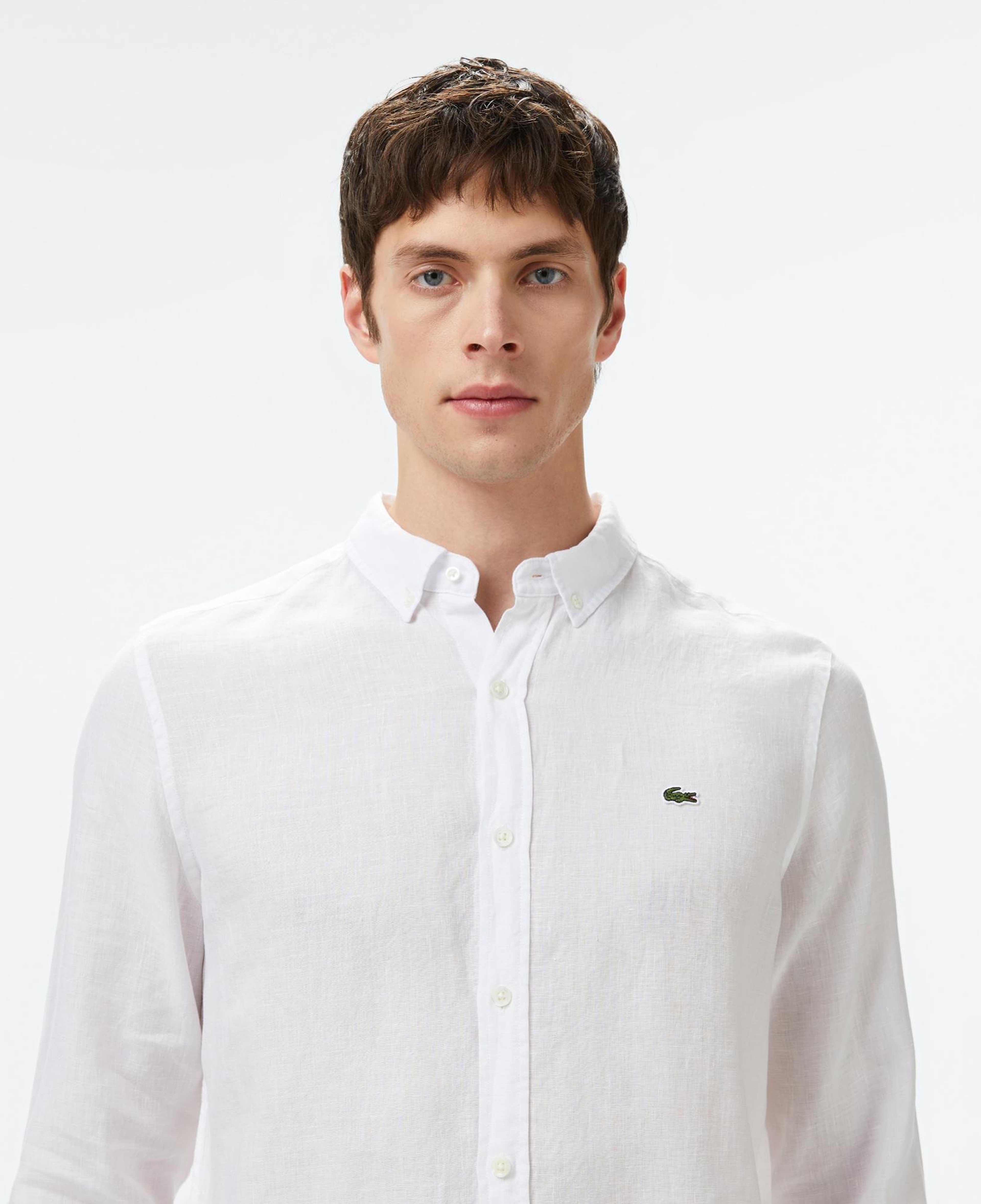Lacoste Erkek Regular Fit Düğmeli Yaka Keten Beyaz Gömlek