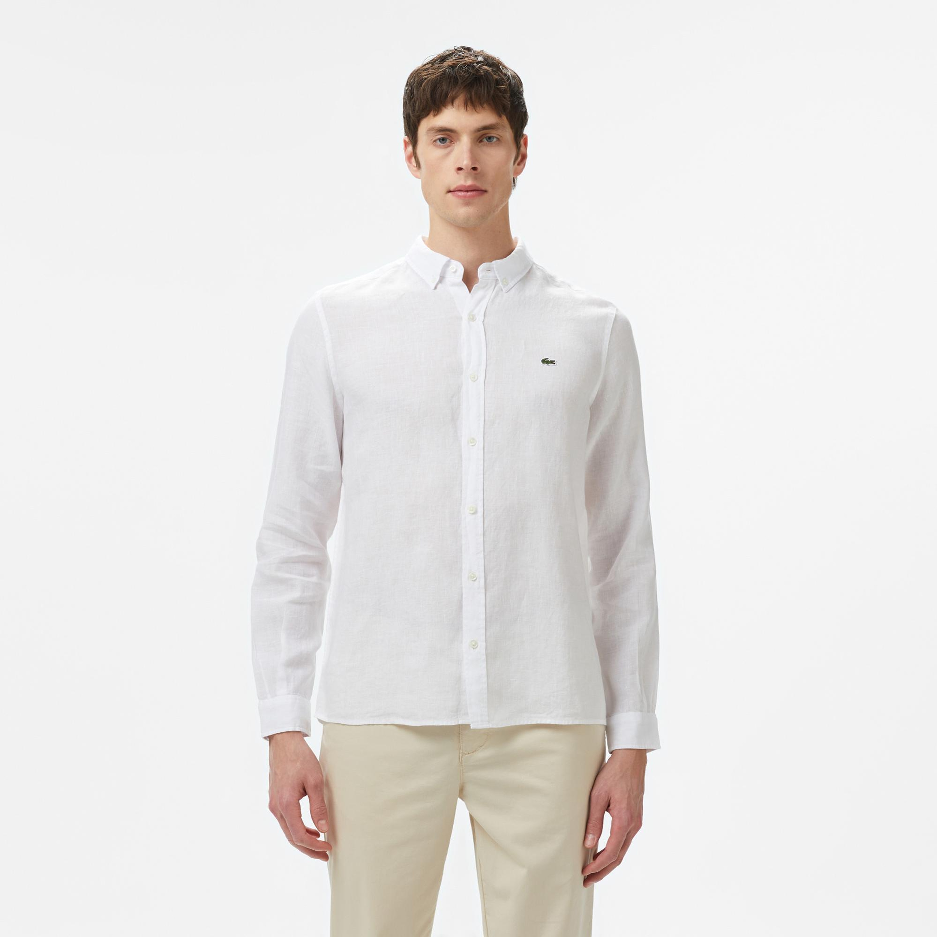 Lacoste Erkek Regular Fit Düğmeli Yaka Keten Beyaz Gömlek