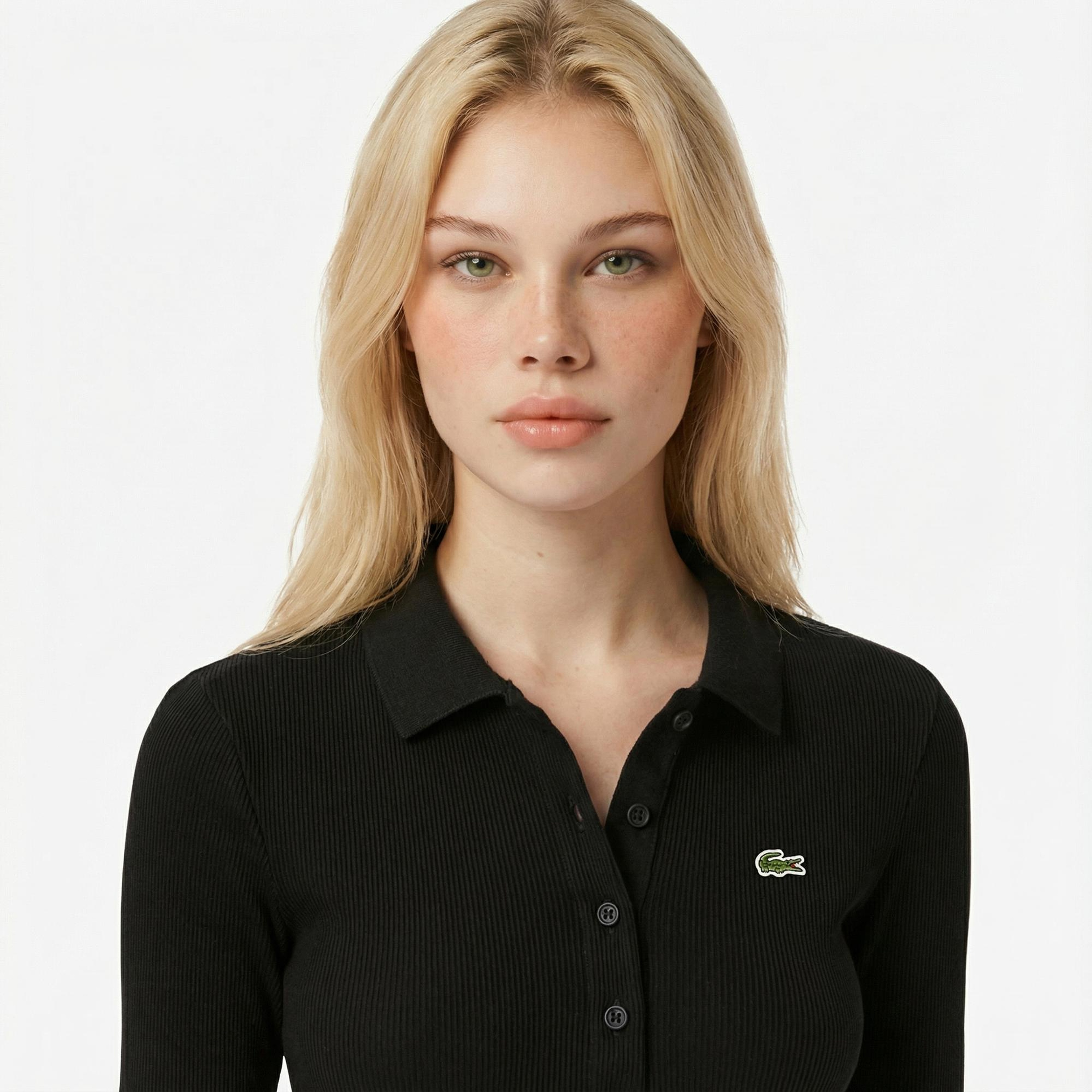 Lacoste L.12.D Kadın Slim Fit Uzun Kollu Siyah Polo
