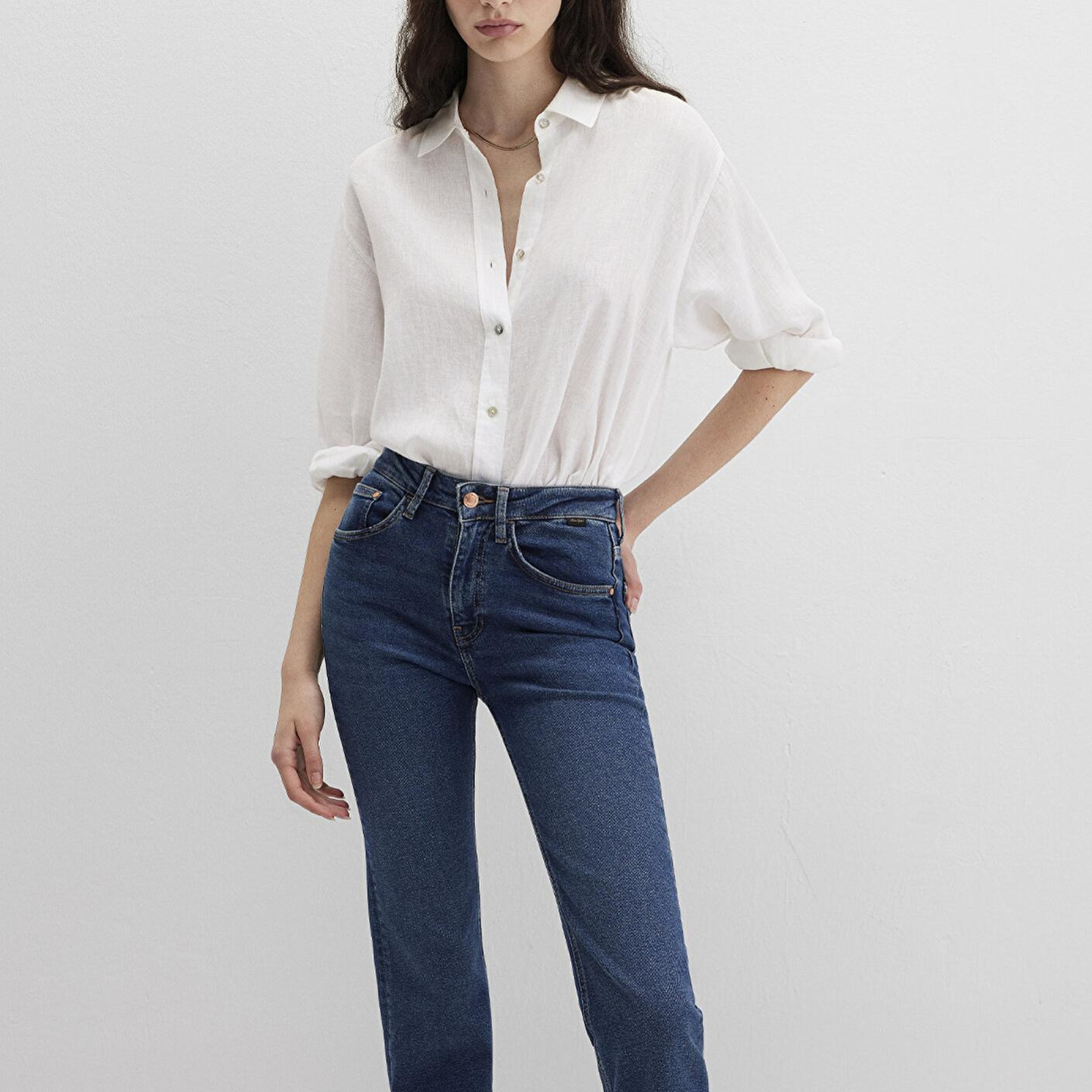 Mavi Beyaz Keten Gömlek Loose Fit / Bol Rahat Kesim 1210747-620