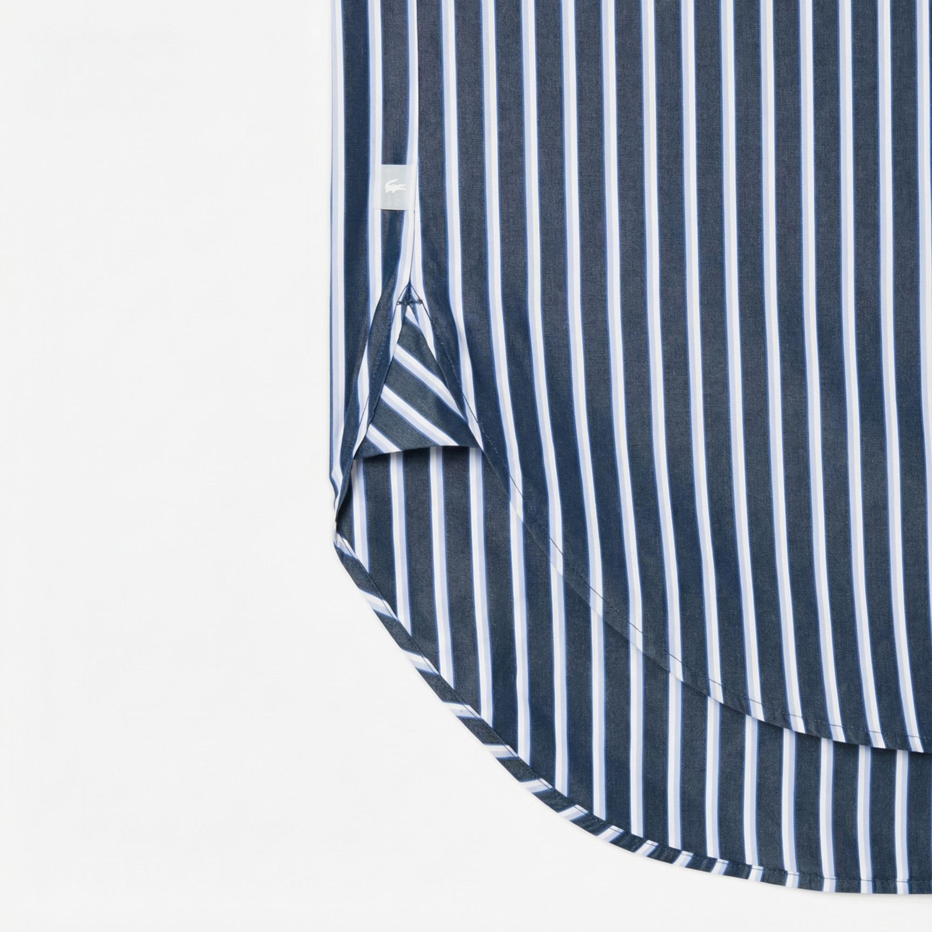 Lacoste Kadın Oversize Fit Düğmesiz Yaka Çizgili Lacivert Gömlek