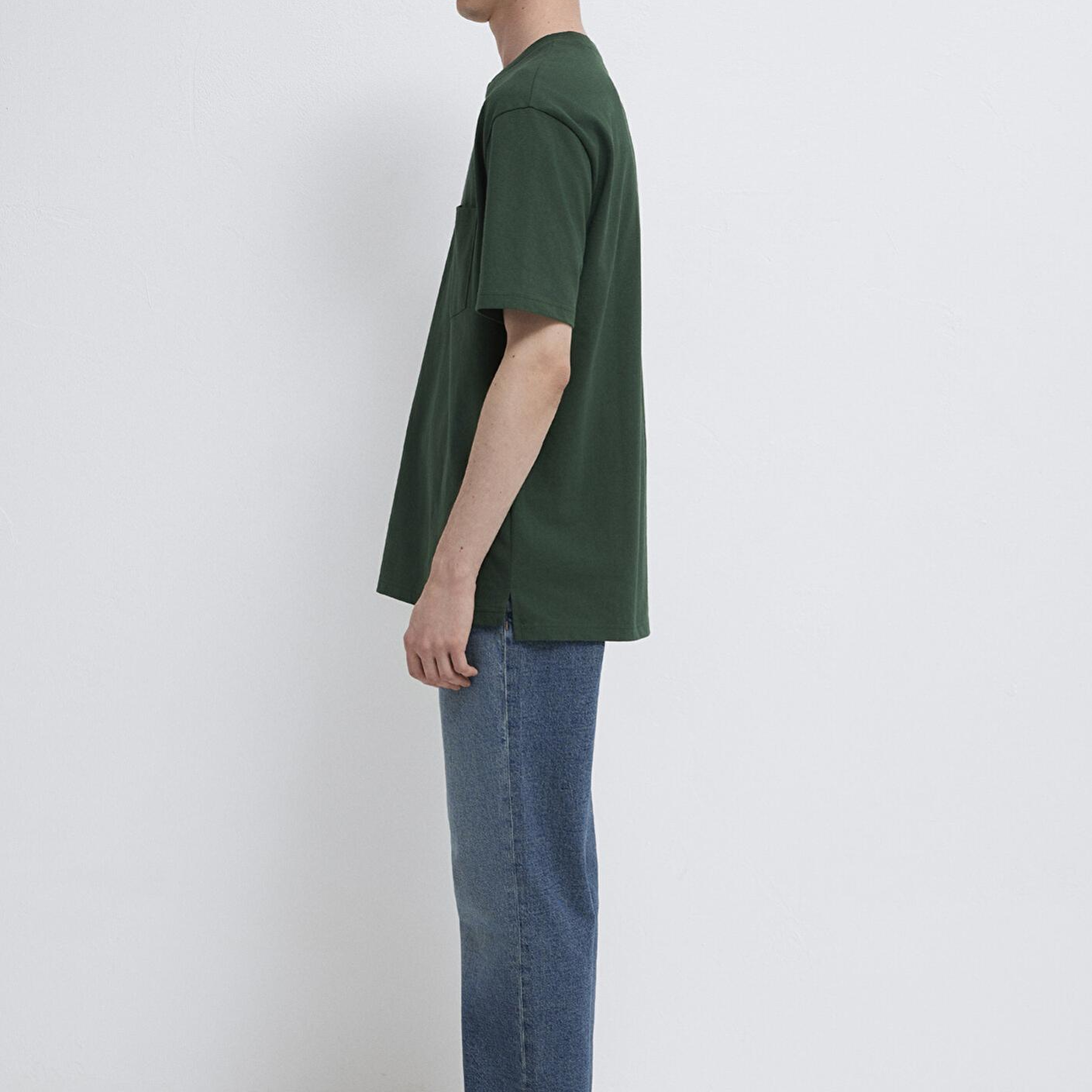 Mavi Cep Detaylı Yeşil Basic Tişört Loose Fit / Bol Rahat Kesim 066248-81570