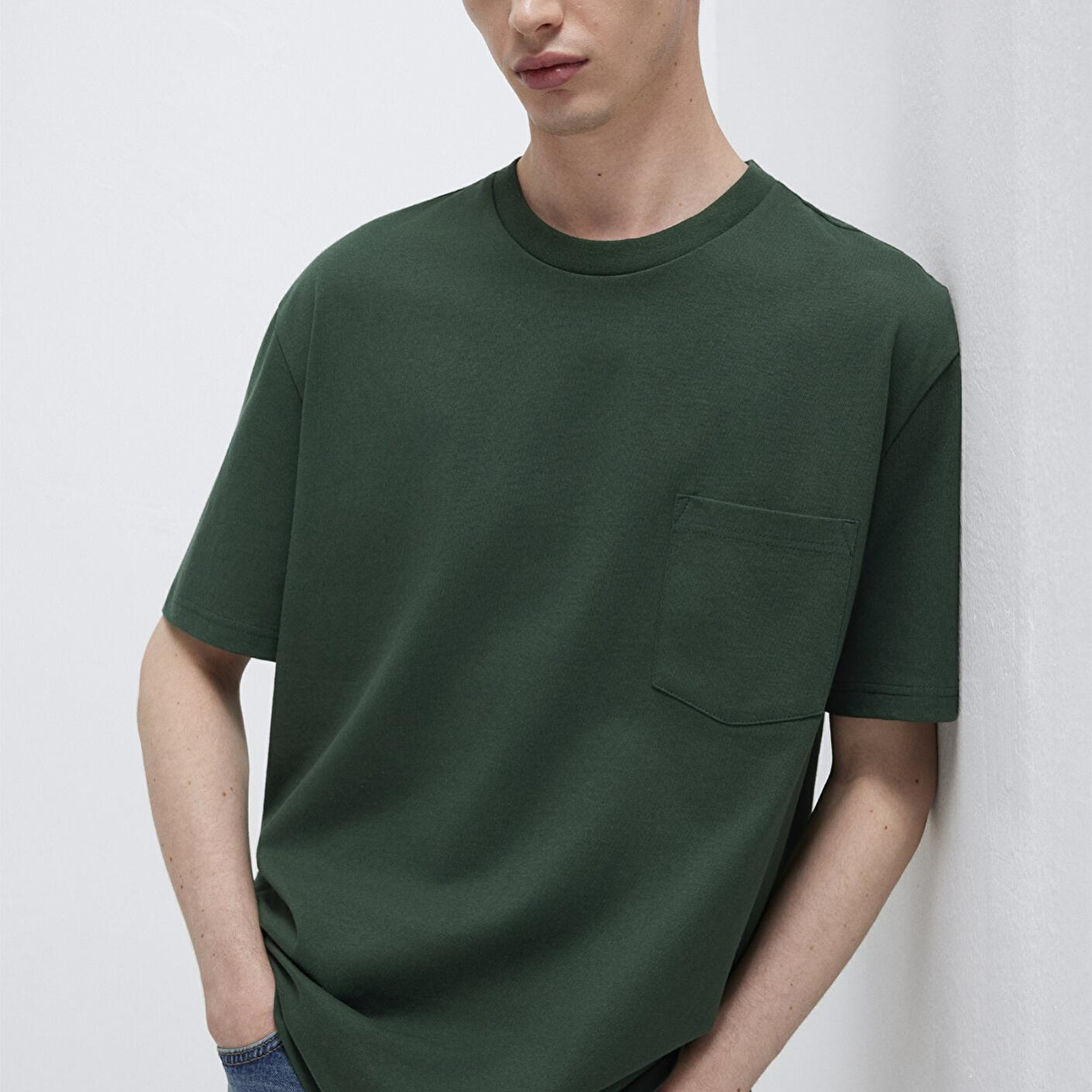 Mavi Cep Detaylı Yeşil Basic Tişört Loose Fit / Bol Rahat Kesim 066248-81570