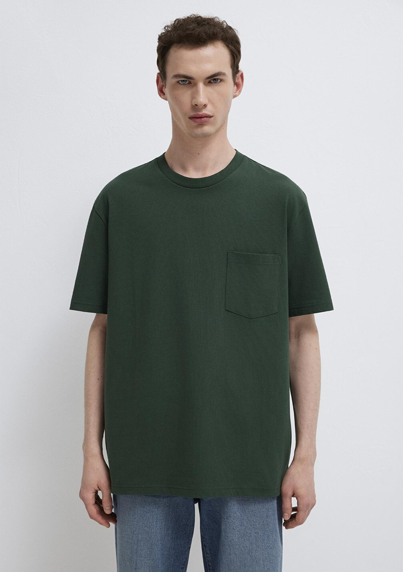 Mavi Cep Detaylı Yeşil Basic Tişört Loose Fit / Bol Rahat Kesim 066248-81570