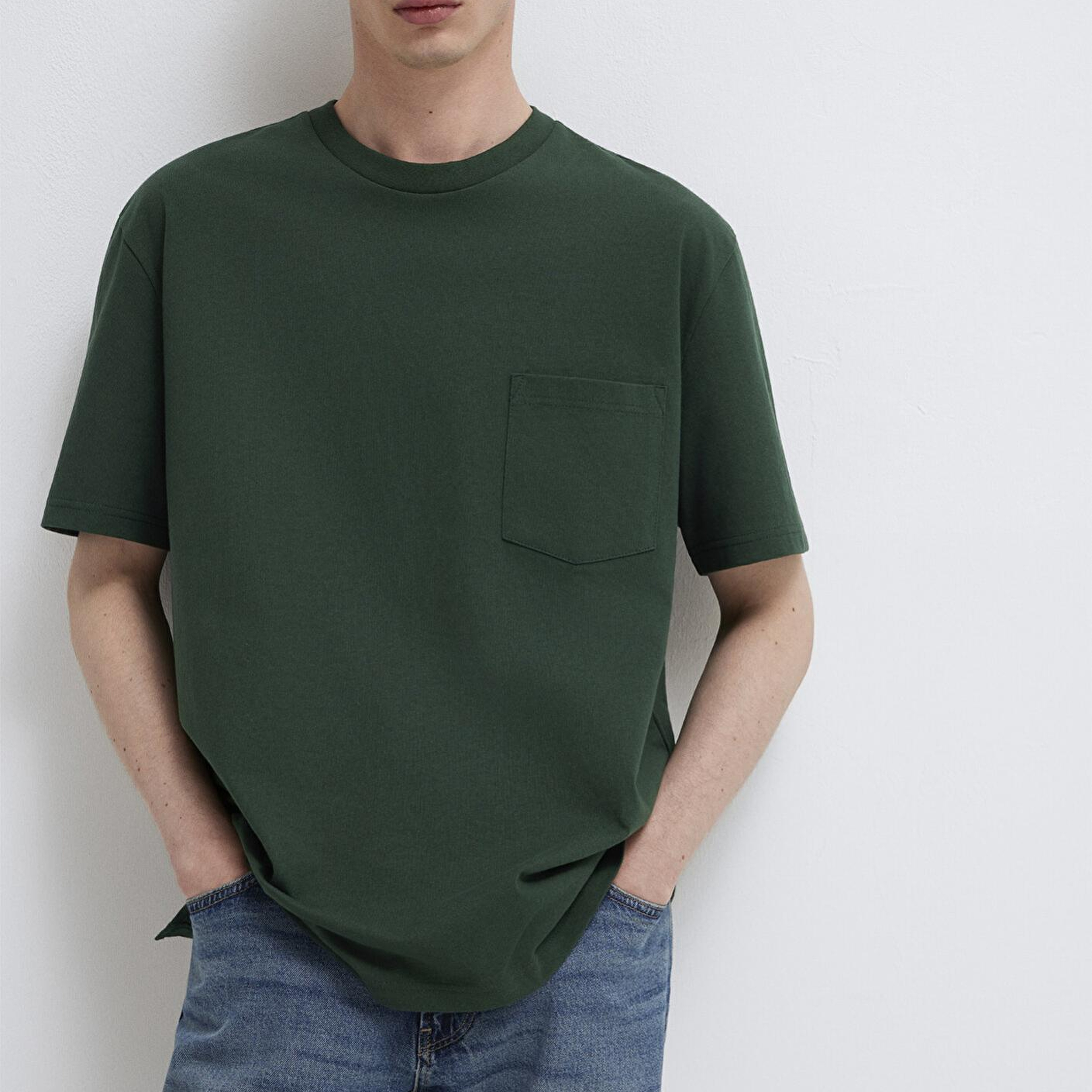 Mavi Cep Detaylı Yeşil Basic Tişört Loose Fit / Bol Rahat Kesim 066248-81570