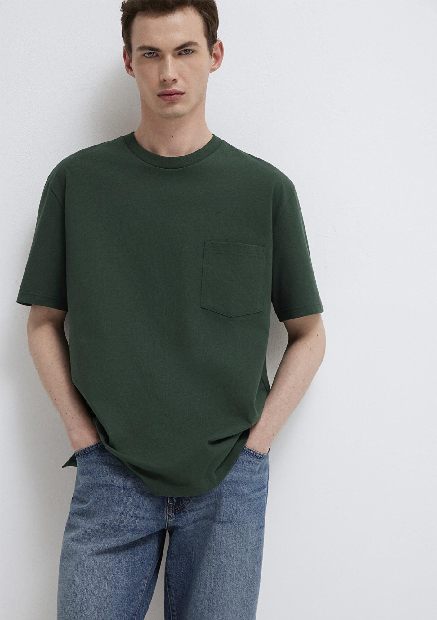 Mavi Cep Detaylı Yeşil Basic Tişört Loose Fit / Bol Rahat Kesim 066248-81570