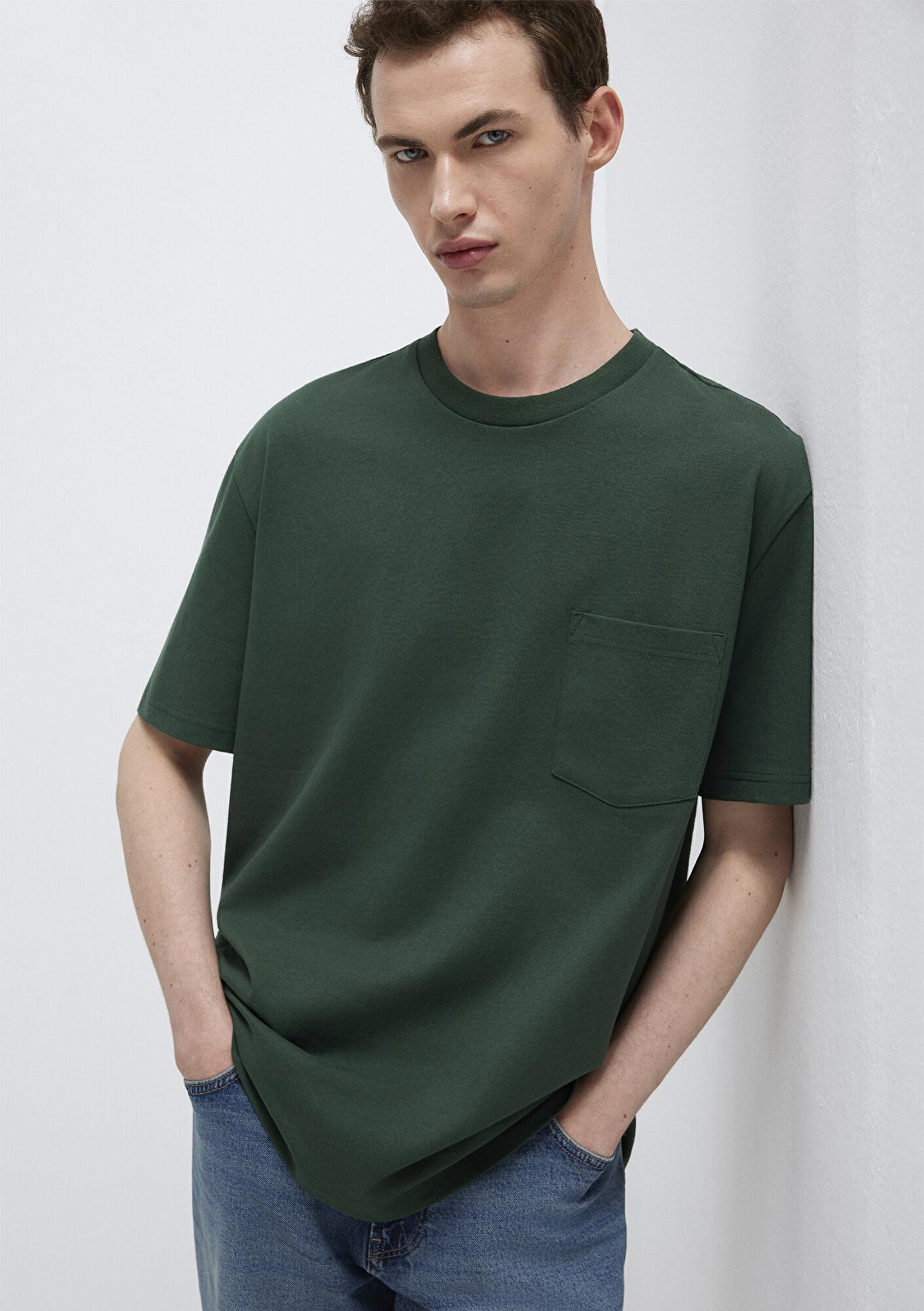 Mavi Cep Detaylı Yeşil Basic Tişört Loose Fit / Bol Rahat Kesim 066248-81570