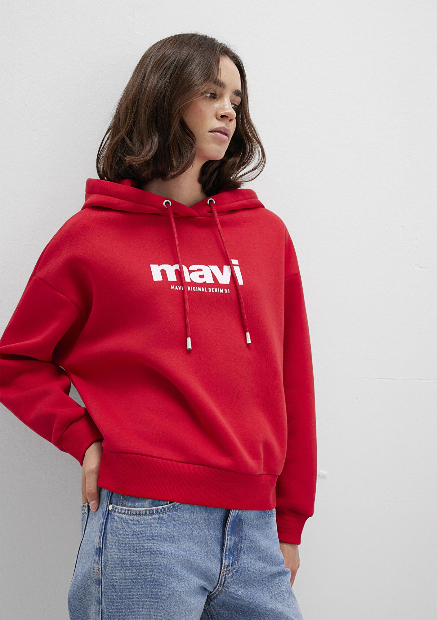 Mavi Mavi Logo Baskılı Kapüşonlu Kırmızı Sweatshirt 168334-35476