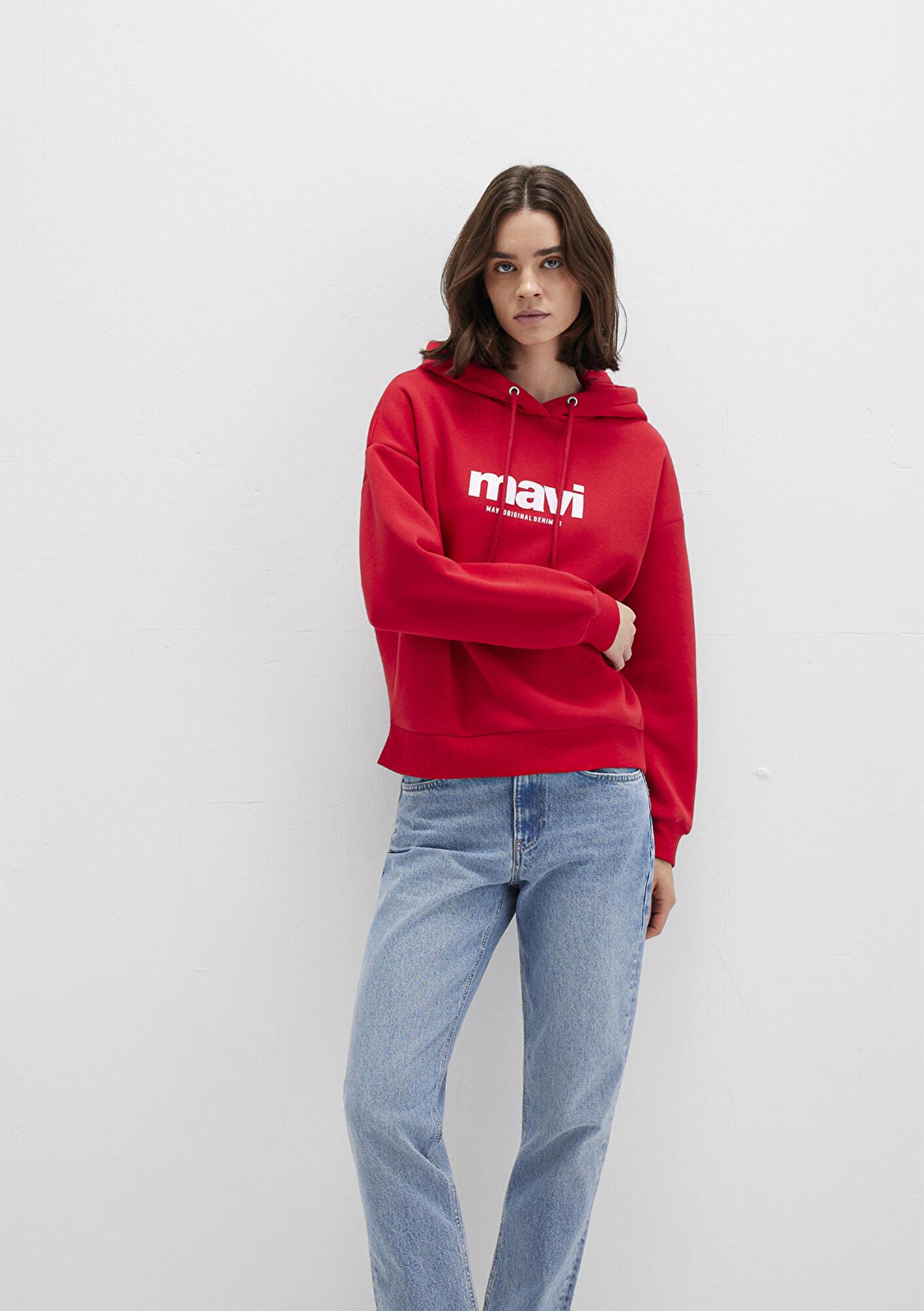 Mavi Mavi Logo Baskılı Kapüşonlu Kırmızı Sweatshirt 168334-35476