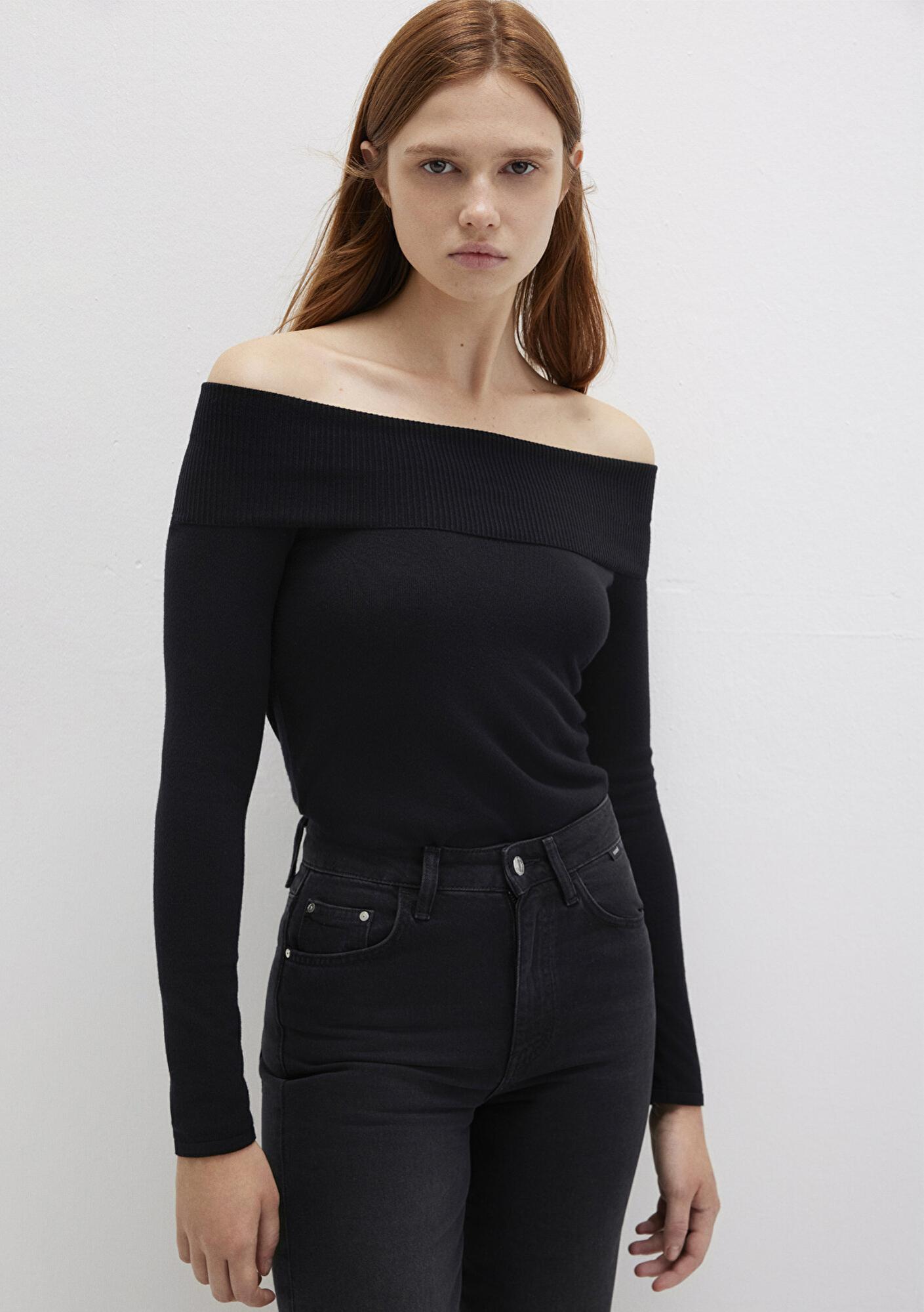 Mavi Düşük Omuz Detaylı Siyah Kazak Fitted / Vücuda Oturan Kesim 1710391-900