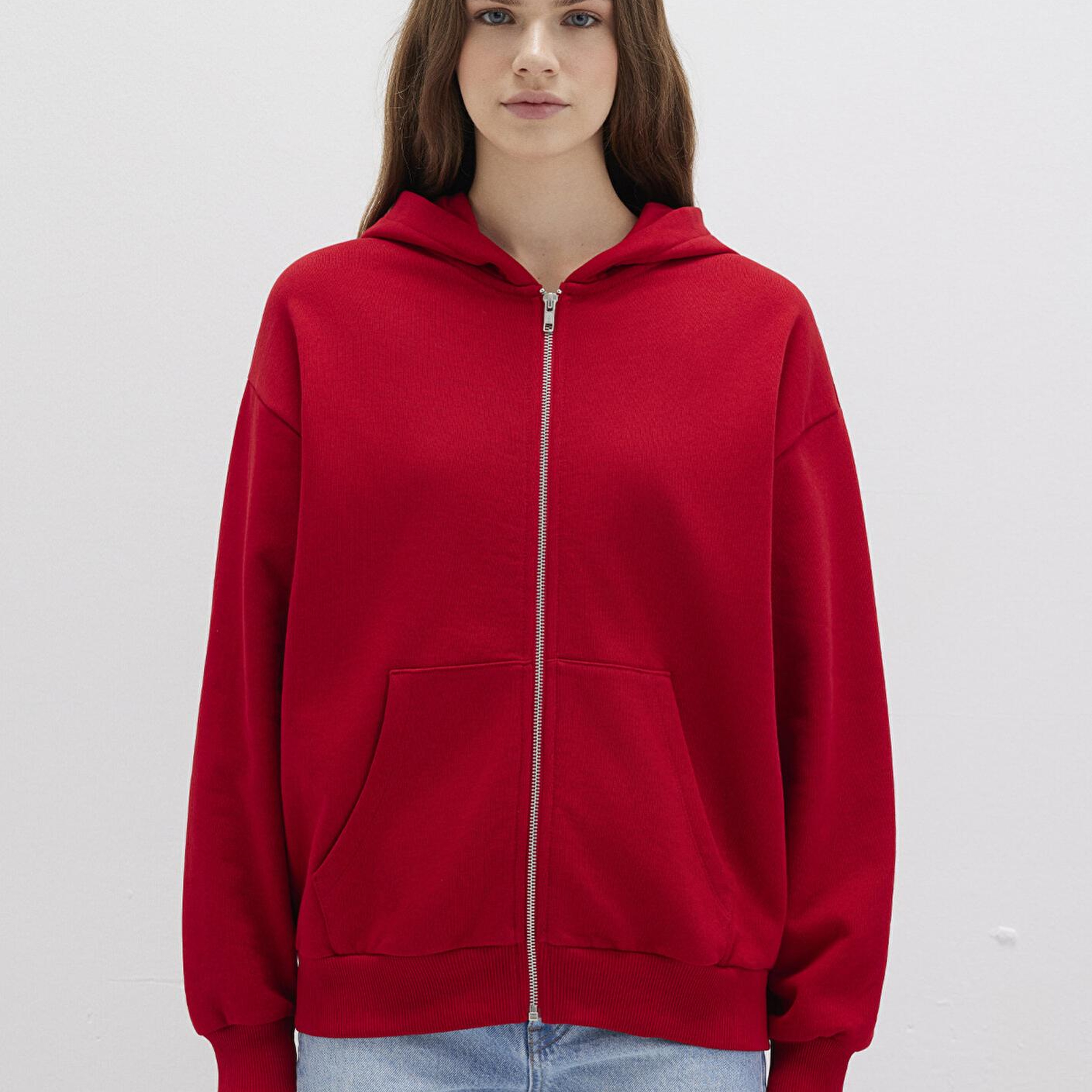 Mavi Fermuarlı Kapüşonlu Kırmızı Basic Sweatshirt 1611775-82054