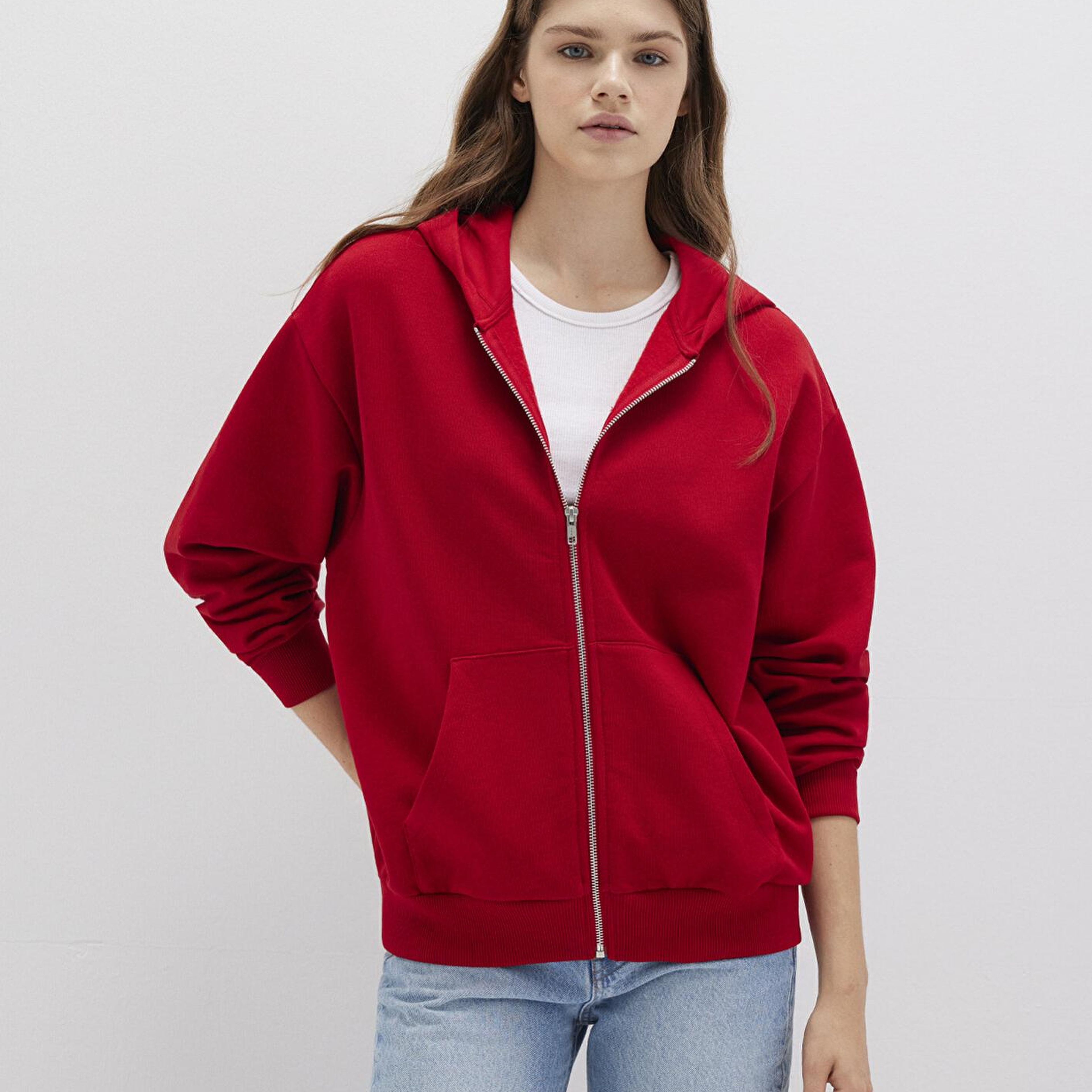 Mavi Fermuarlı Kapüşonlu Kırmızı Basic Sweatshirt 1611775-82054