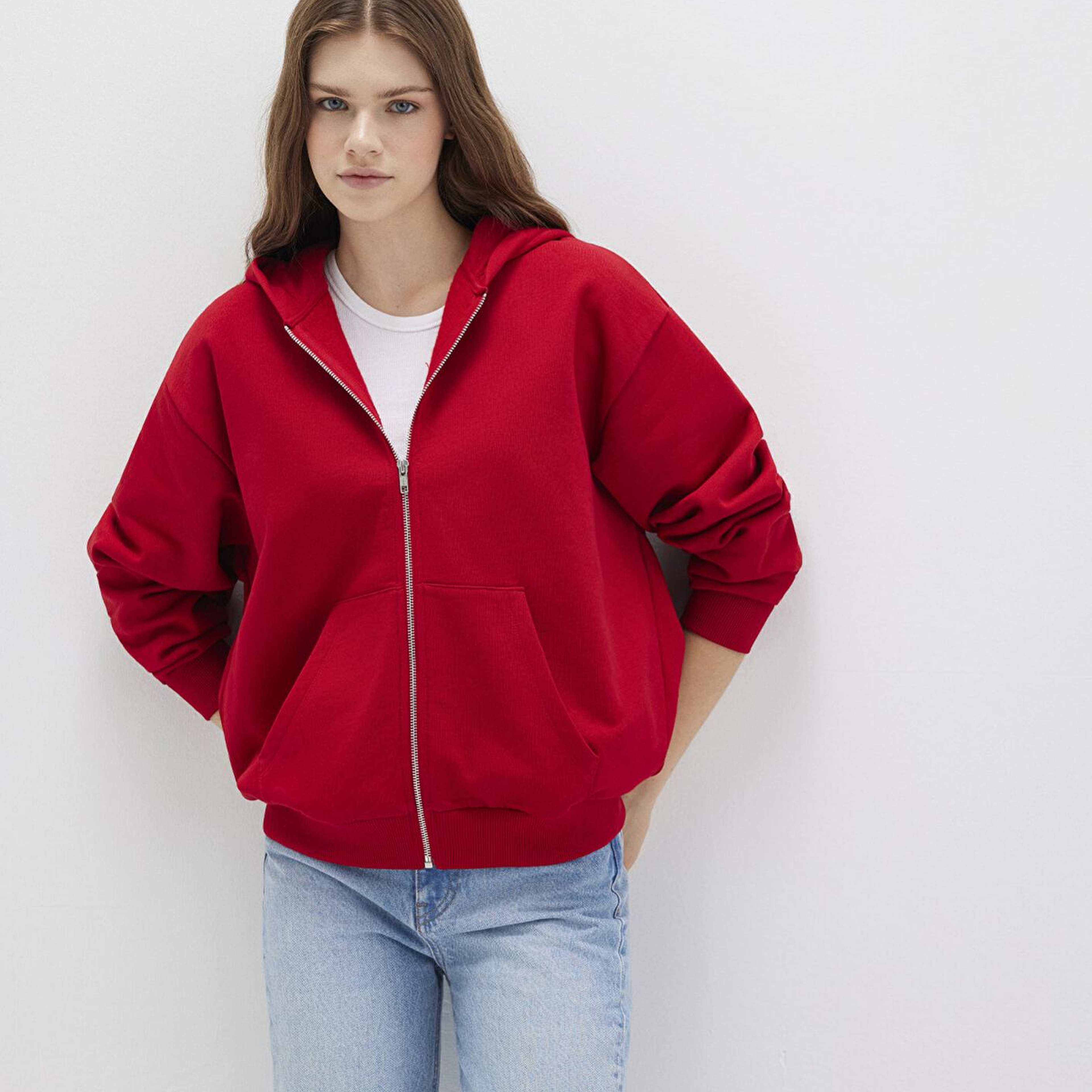 Mavi Fermuarlı Kapüşonlu Kırmızı Basic Sweatshirt 1611775-82054