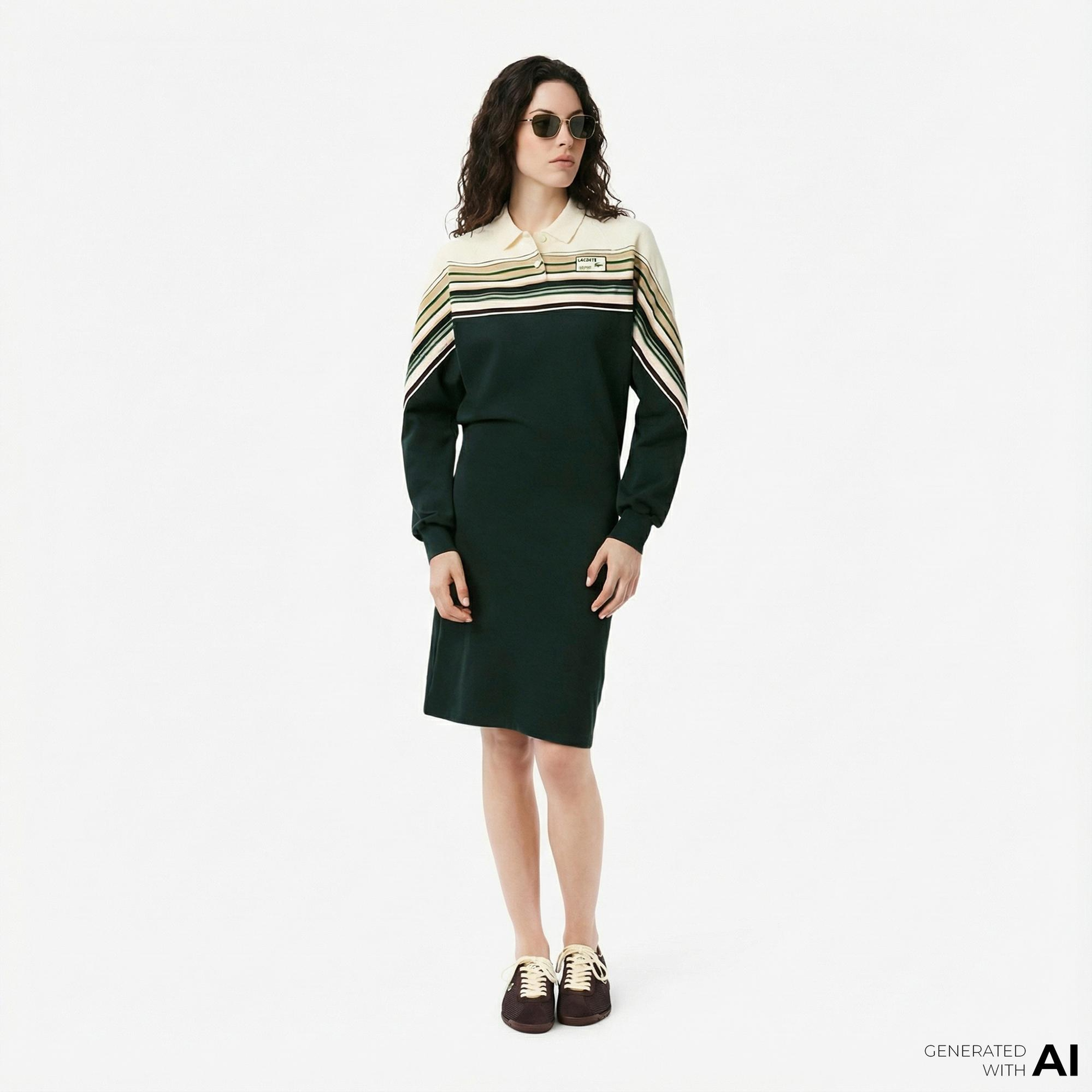 Lacoste Kadın Slim Fit Uzun Kollu Polo Yaka Renk Bloklu Koyu Yeşil Elbise