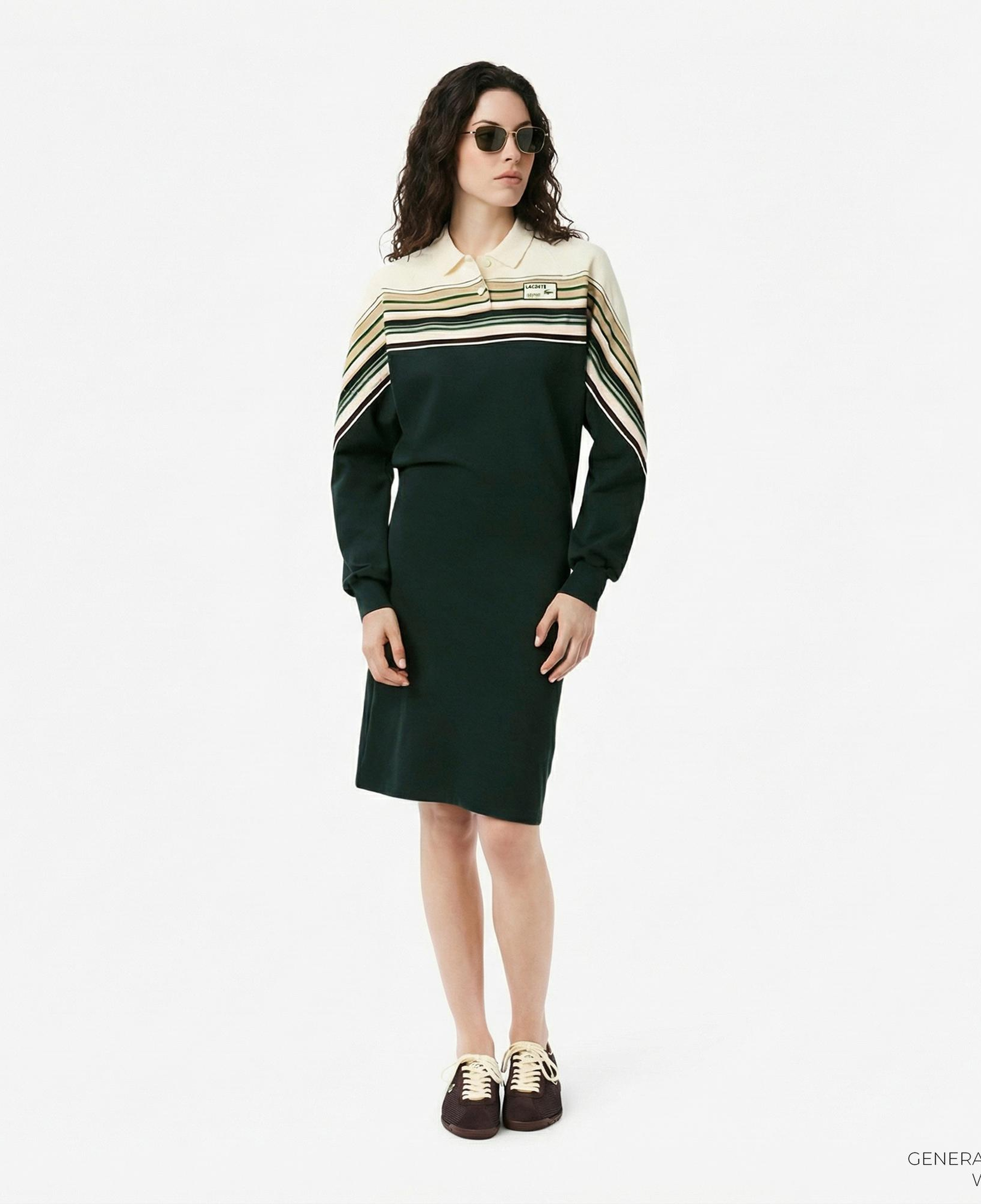 Lacoste Kadın Slim Fit Uzun Kollu Polo Yaka Renk Bloklu Koyu Yeşil Elbise