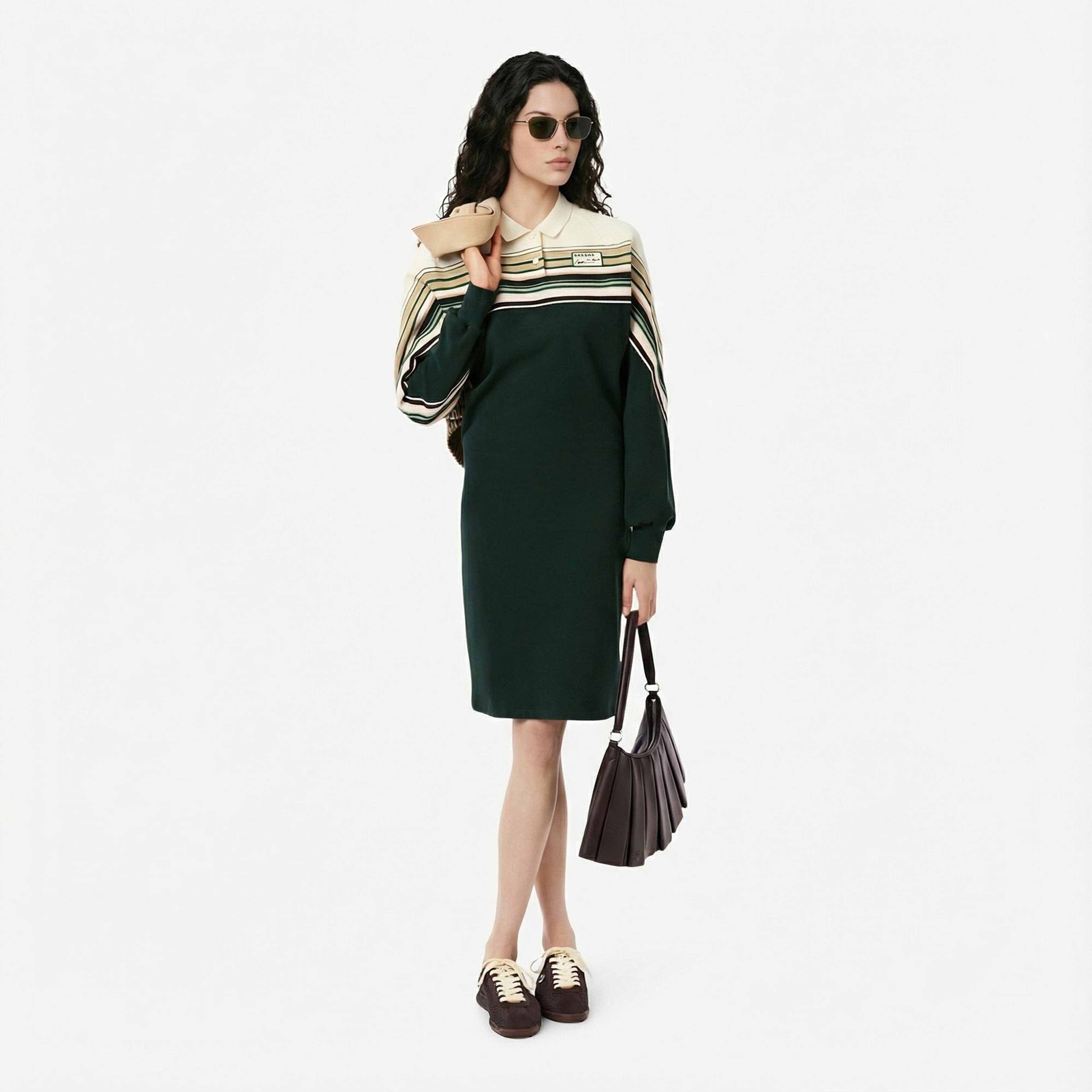 Lacoste Kadın Slim Fit Uzun Kollu Polo Yaka Renk Bloklu Koyu Yeşil Elbise