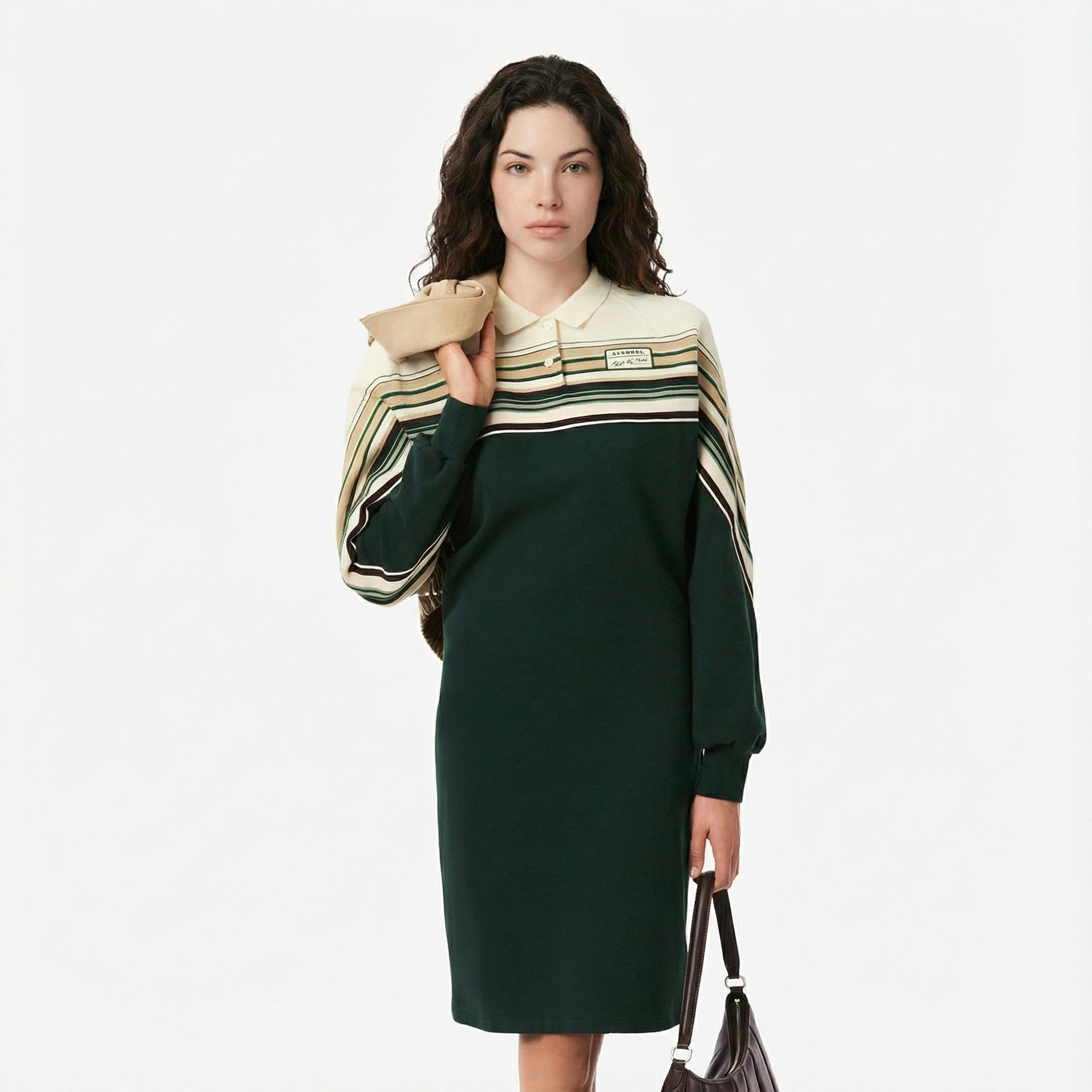 Lacoste Kadın Slim Fit Uzun Kollu Polo Yaka Renk Bloklu Koyu Yeşil Elbise