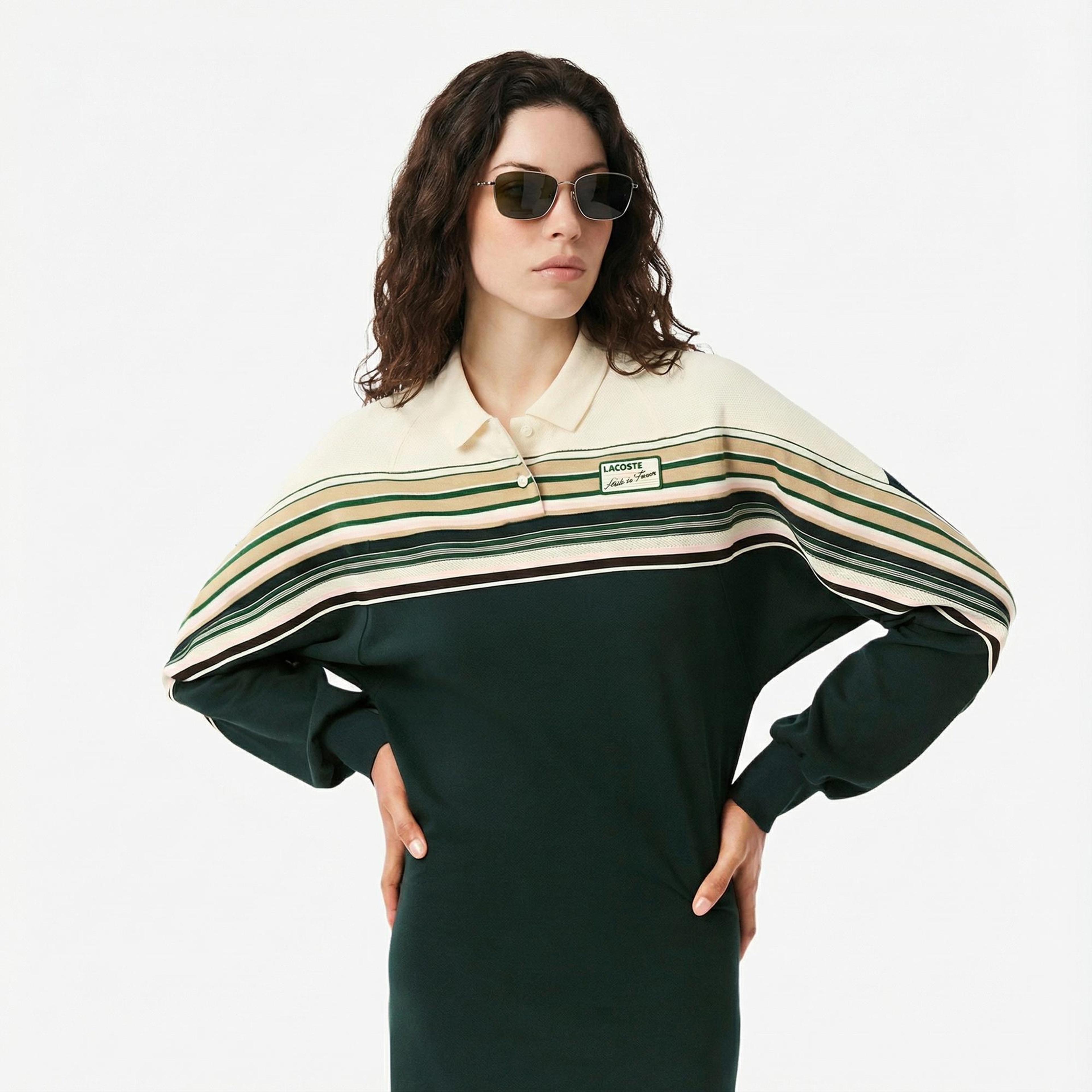 Lacoste Kadın Slim Fit Uzun Kollu Polo Yaka Renk Bloklu Koyu Yeşil Elbise