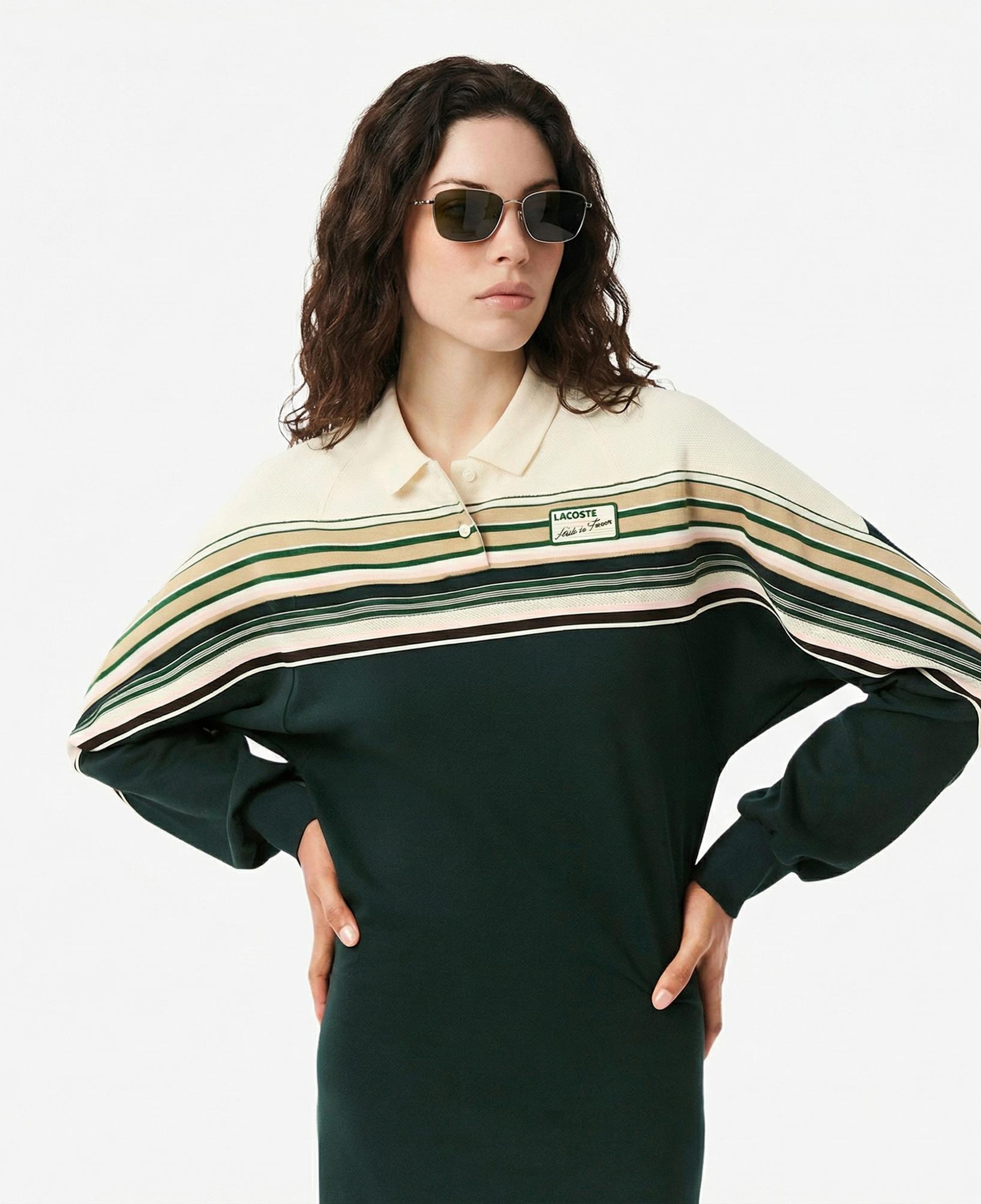 Lacoste Kadın Slim Fit Uzun Kollu Polo Yaka Renk Bloklu Koyu Yeşil Elbise