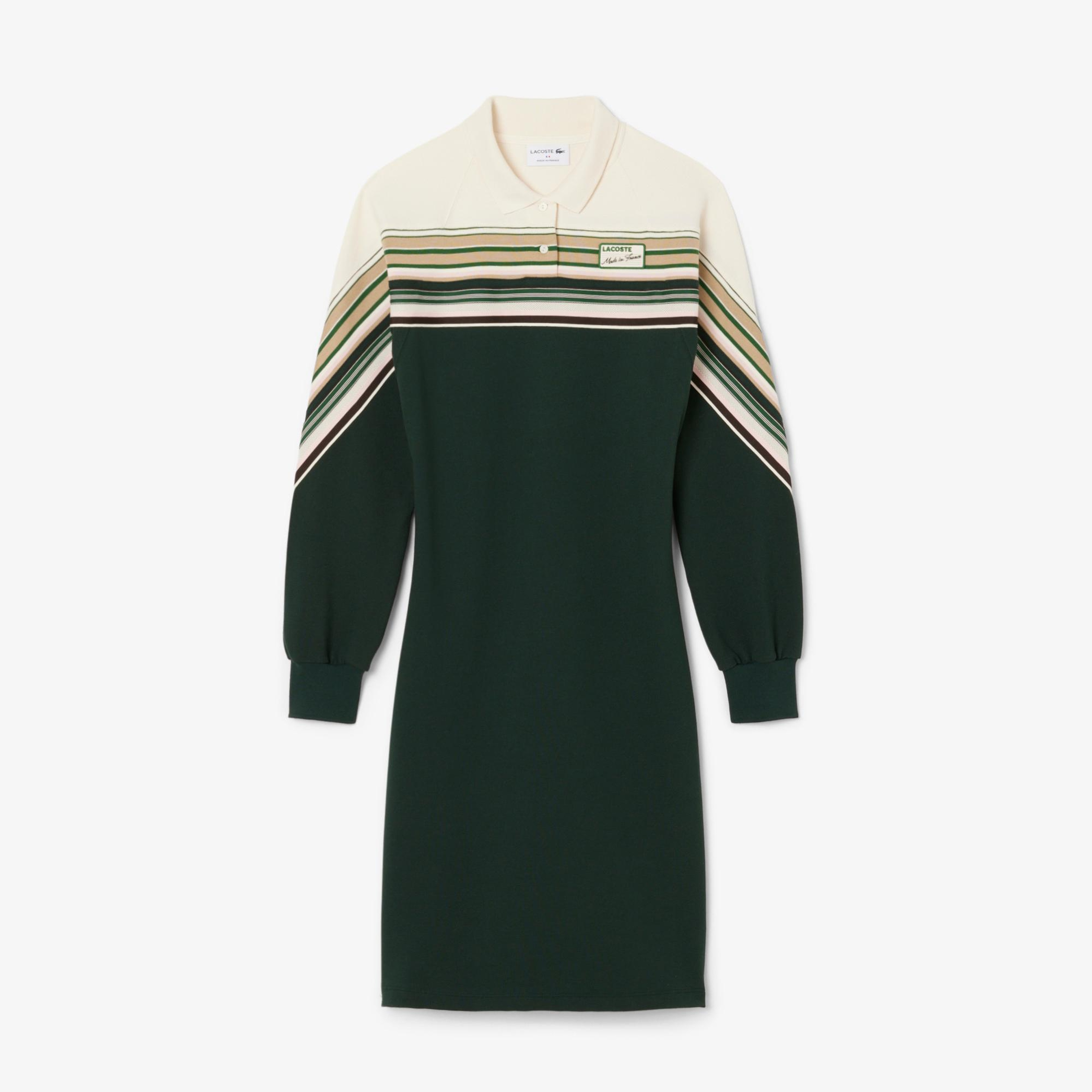 Lacoste Kadın Slim Fit Uzun Kollu Polo Yaka Renk Bloklu Koyu Yeşil Elbise