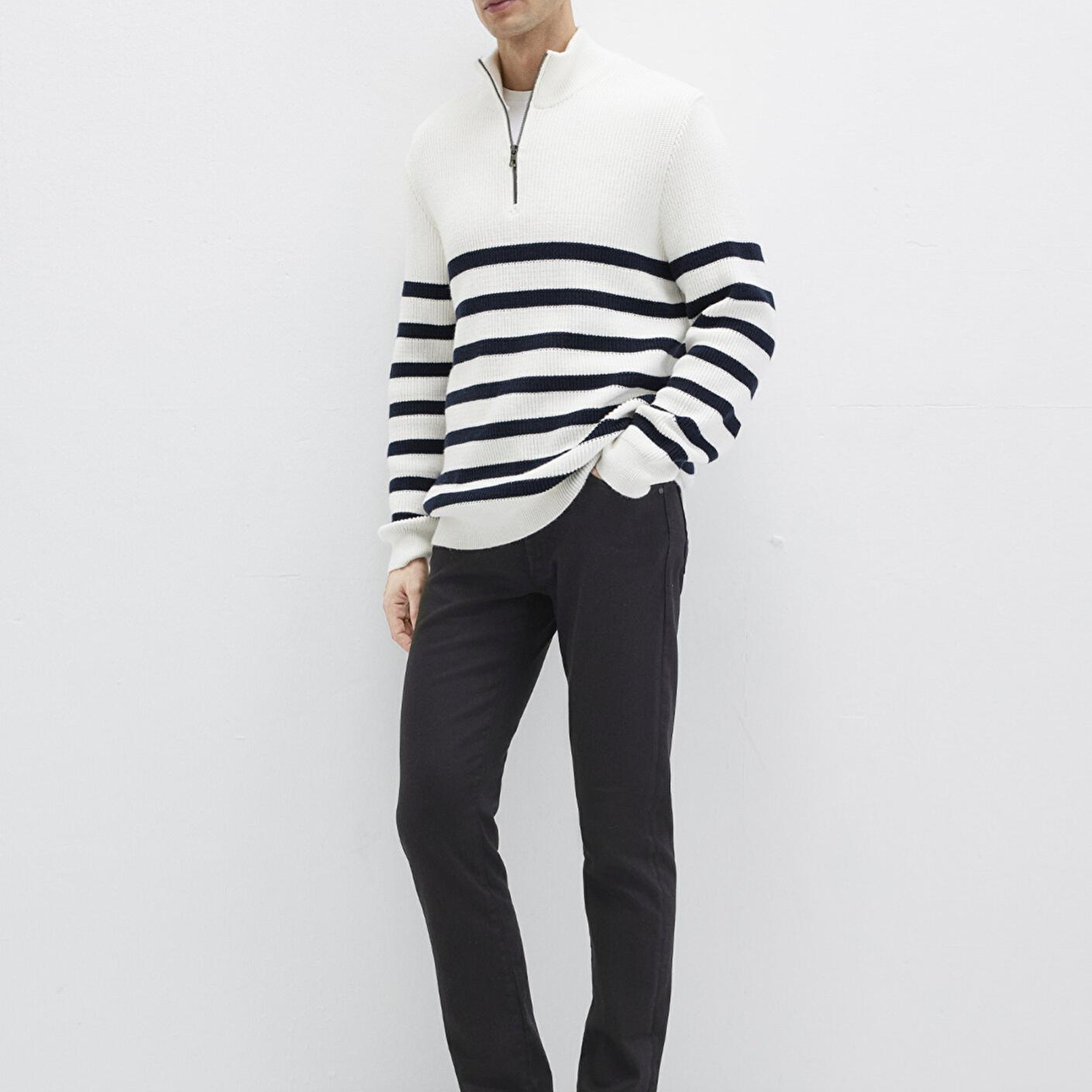 Mavi Yarı Fermuarlı Çizgili Beyaz Kazak Slim Fit / Dar Kesim 0710131-70057