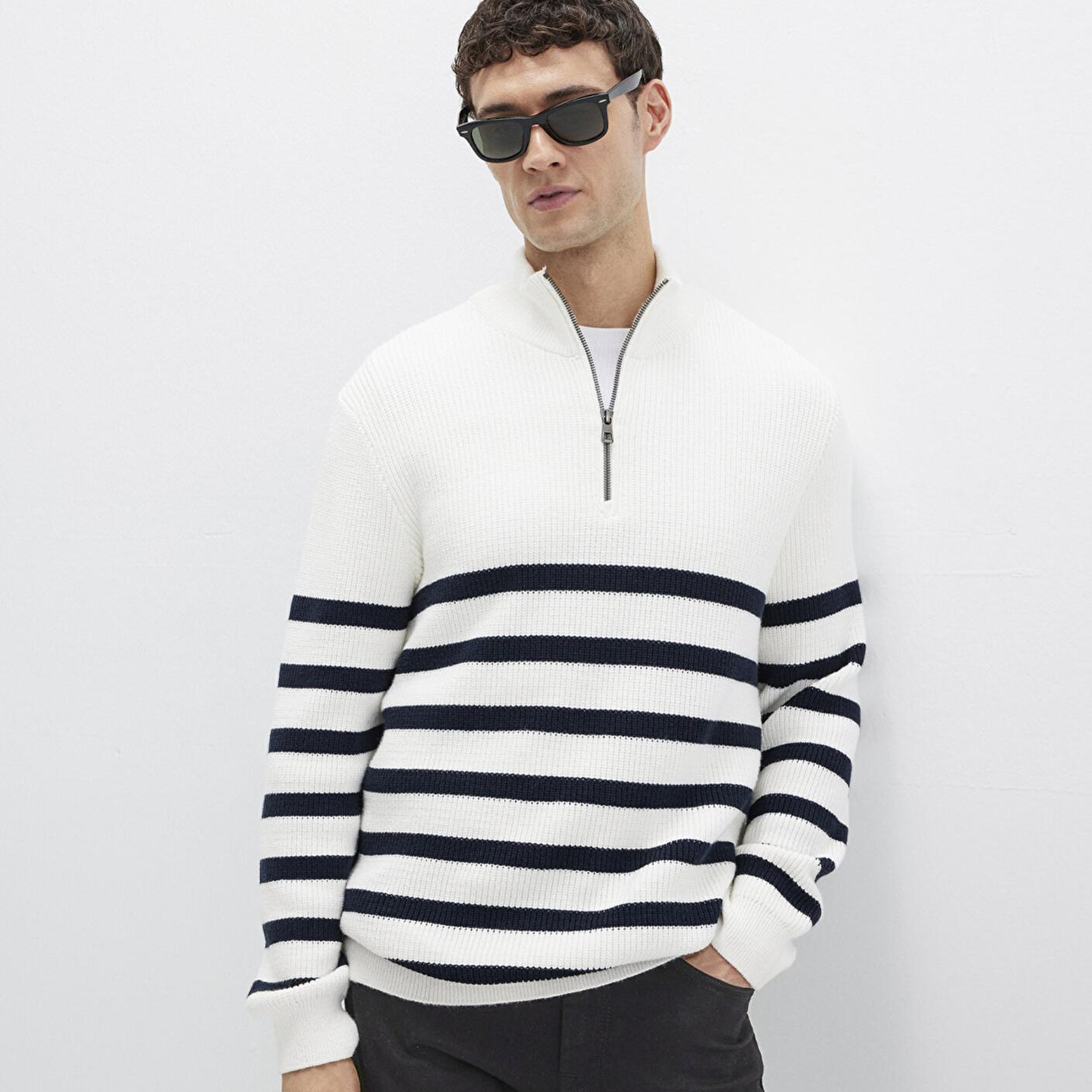 Mavi Yarı Fermuarlı Çizgili Beyaz Kazak Slim Fit / Dar Kesim 0710131-70057