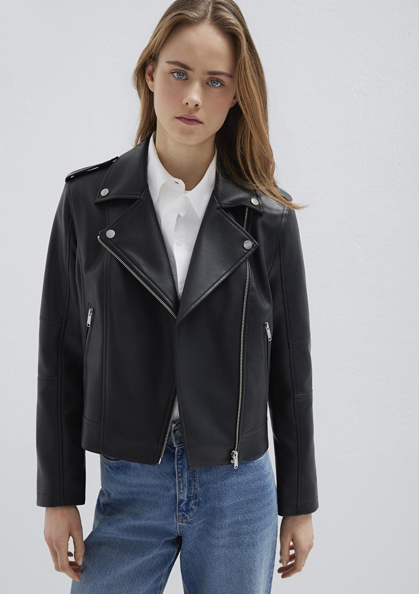 Mavi Biker Yaka Siyah Suni Deri Ceket Fitted / Vücuda Oturan Kesim 1110221-900