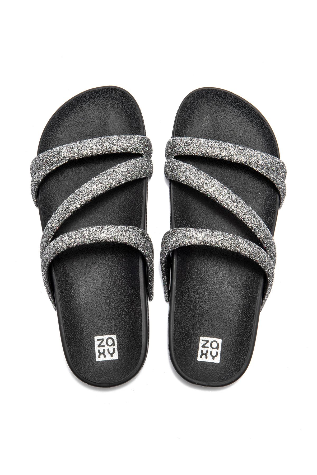 Glitter Tam Ad Kadın Terlik Gri Siyah 35/42