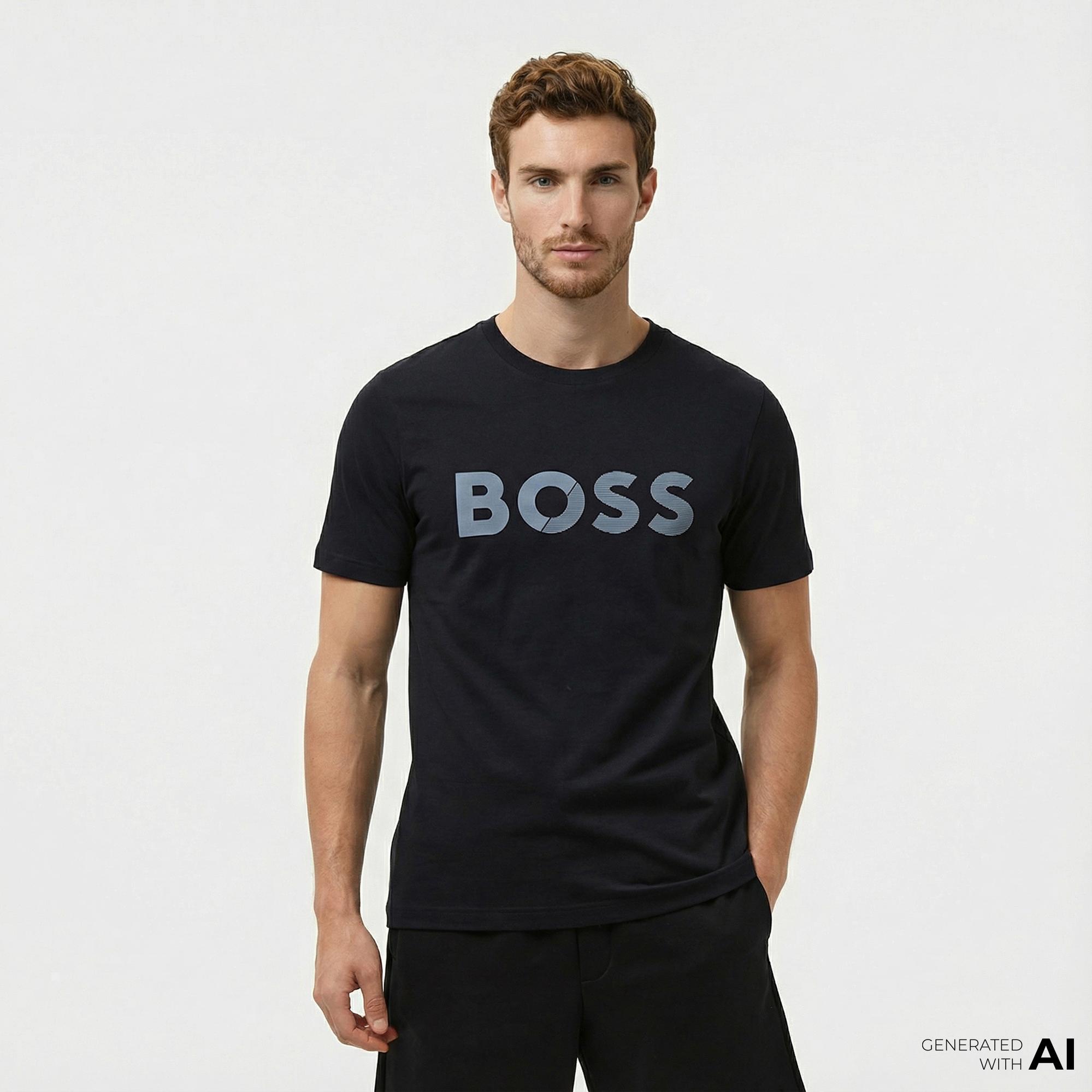 Boss Tape Logo Erkek Mavi T-Shirt