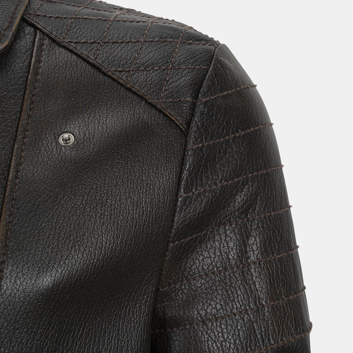 DESA Erkek Koyu Kahve Eskitme Vintage Deri Biker Ceket